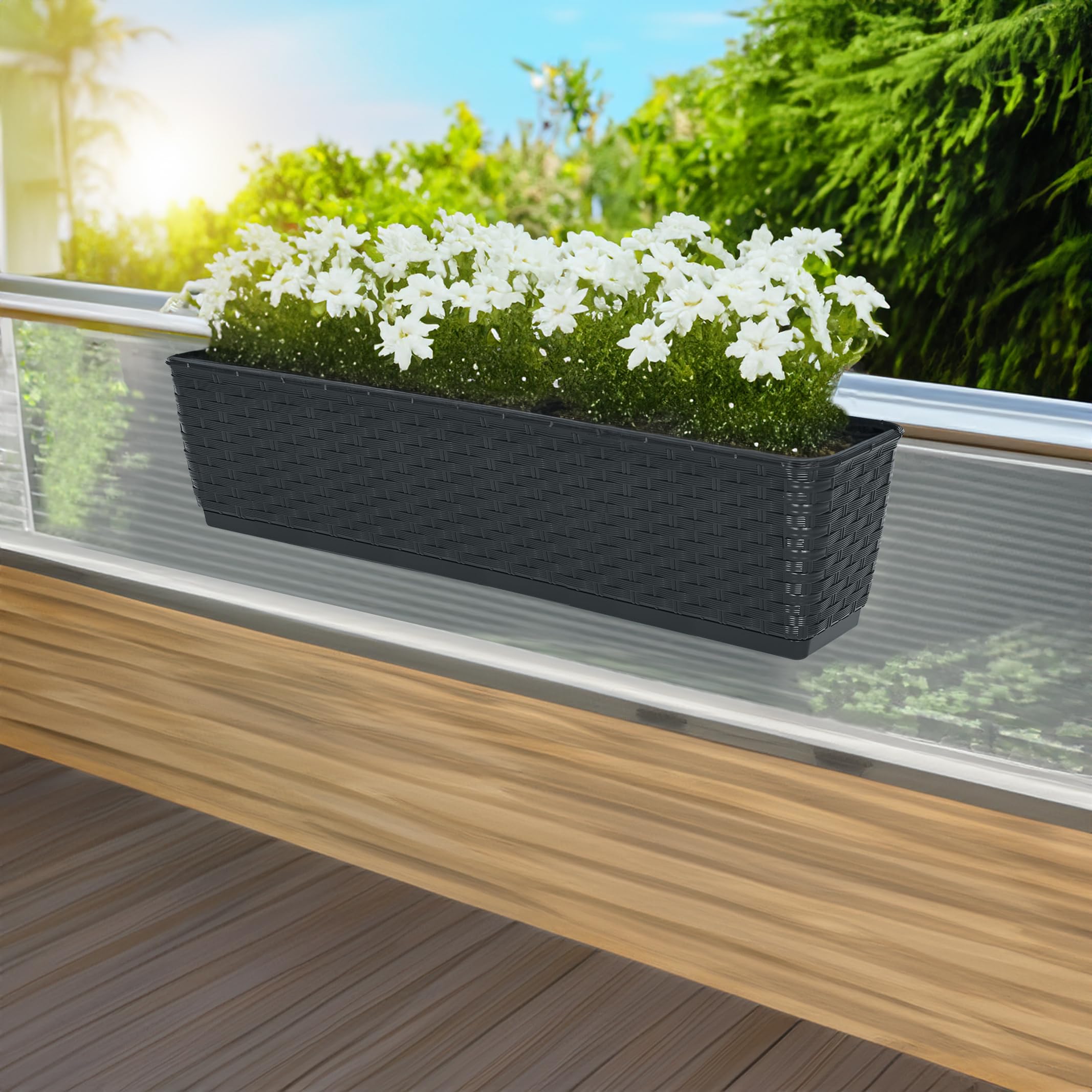 Spetebo - Jardinera de plástico antracita (6 unidades, soporte y sistema de riego, 40 cm, maceta para colgar con fondo de riego, color antracita