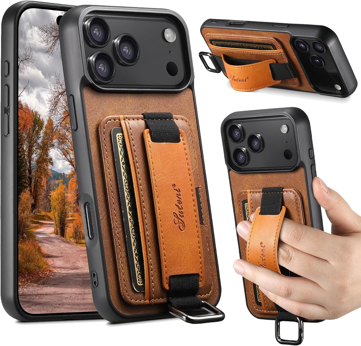 Case for iPhone 17 Air, with Card Holder & Finger Strap, Leather Wallet Case with Kickstand, Grip Strap, Slim Shockproof Back Cover, Brown