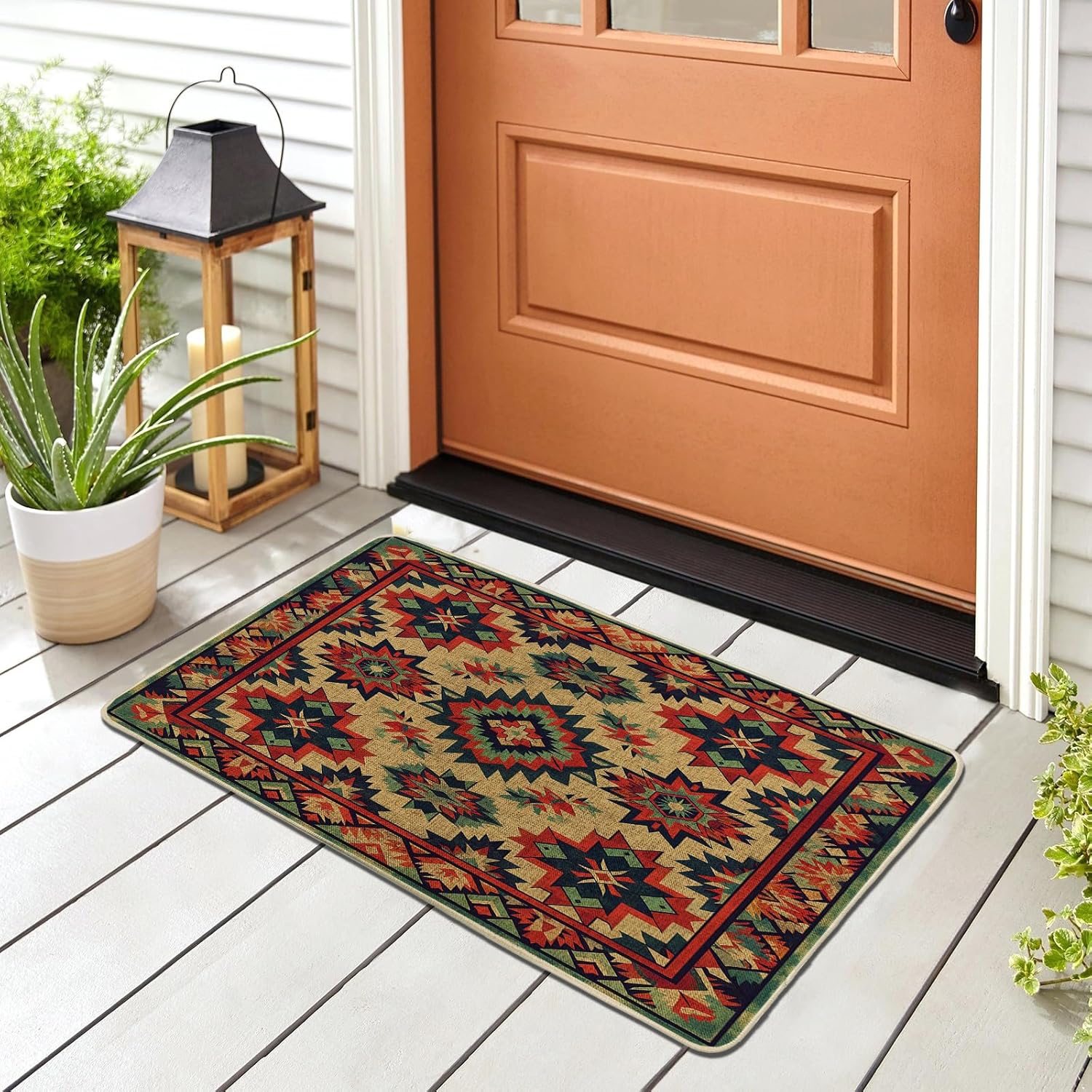 Aztec Door Mat Indian Geometry Floral Pattern Tribal Southwestern Red Green Beige Rubber Absorbent Dirt Trapper Non Slip Washable Indoor Home Porch Outdoor Welcome Doormat Entry Mats 17x29 Inch