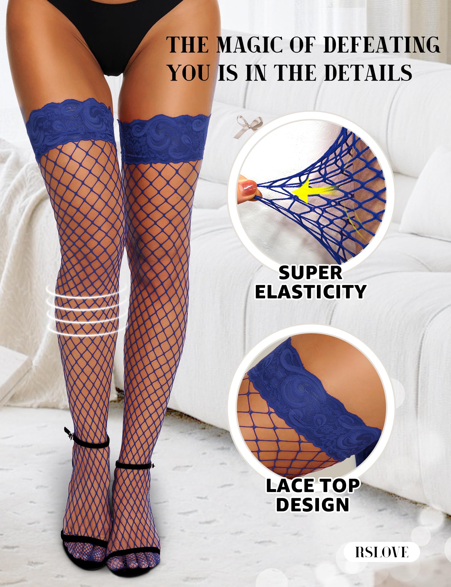 RSLOVE Women's Lace Top Fishnet Thigh-High Stockings with Antiskid Silicone Sexy Stay Up Tights Pantyhose: One Size Navy Blue