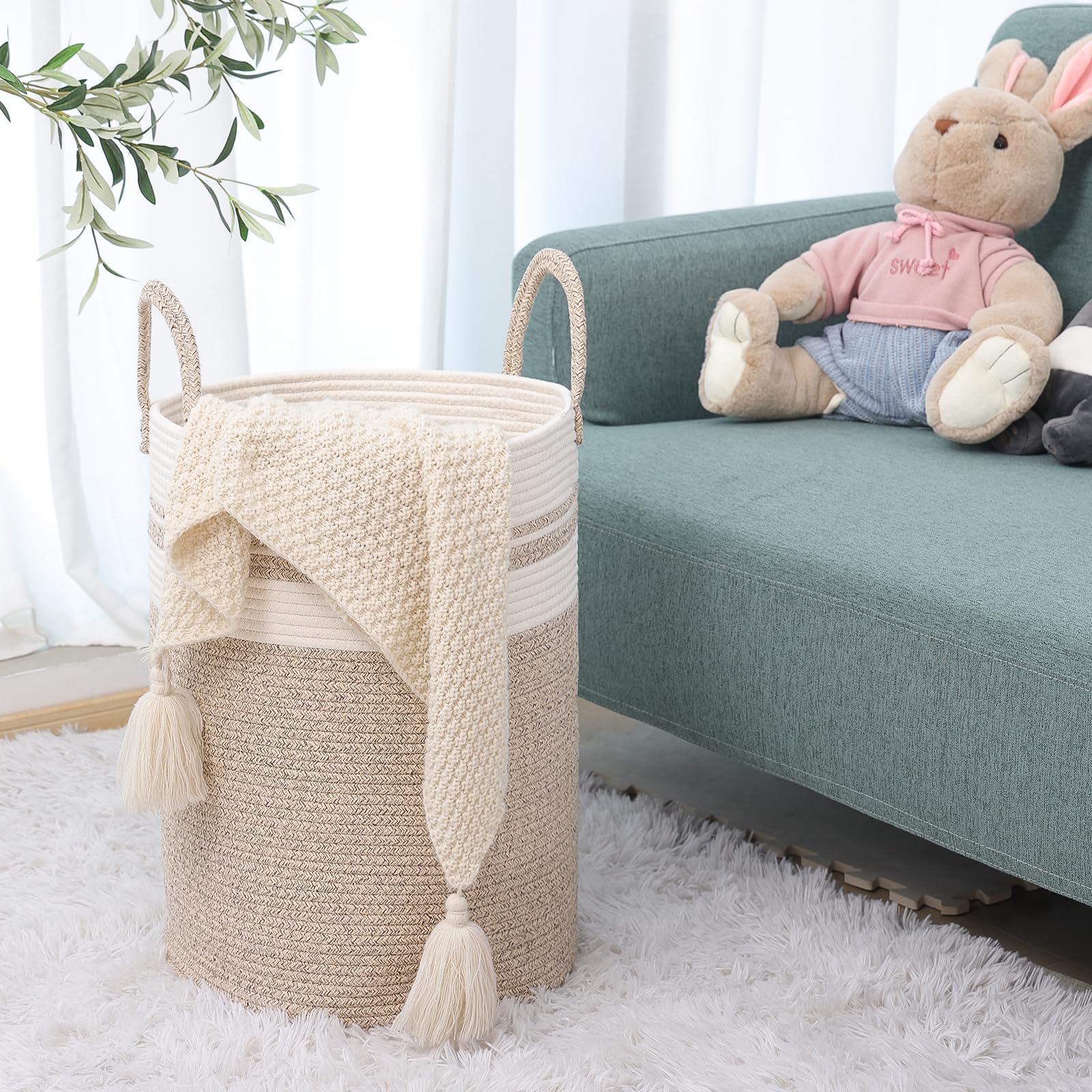 Fixwal Laundry Basket, Large Hamper Tall Cotton Rope Woven Decorative Storage with Handles for Living Room, Toys, Towels, Clothes Baby Nursery Bin 58L 15 x 20inches, Brown/Beige
