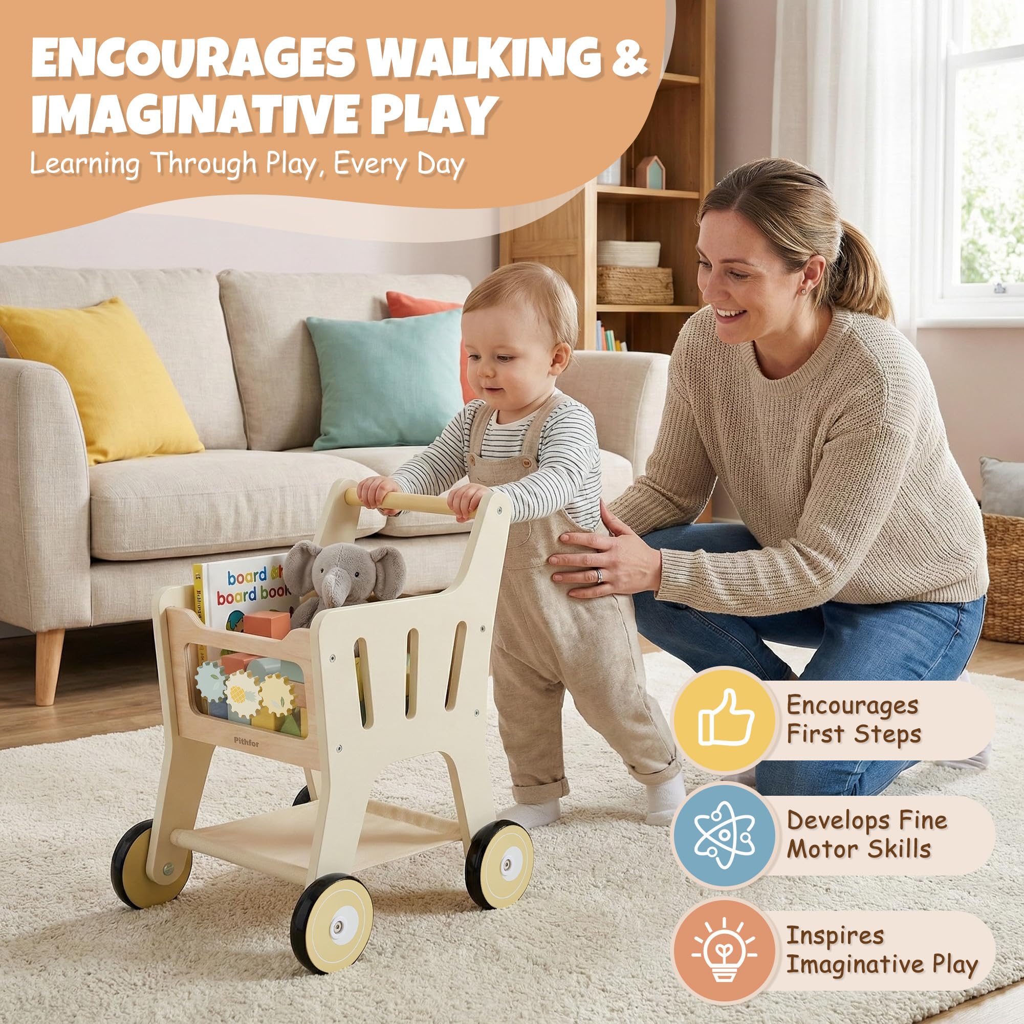 Pithfor Holz-Einkaufswagen für Kinder, 3-in-1 Holz-Baby-Push-Walker, Baby-Puppen-Kinderwagen, Spielzeug-Einkaufswagen für Kleinkinder 1-3