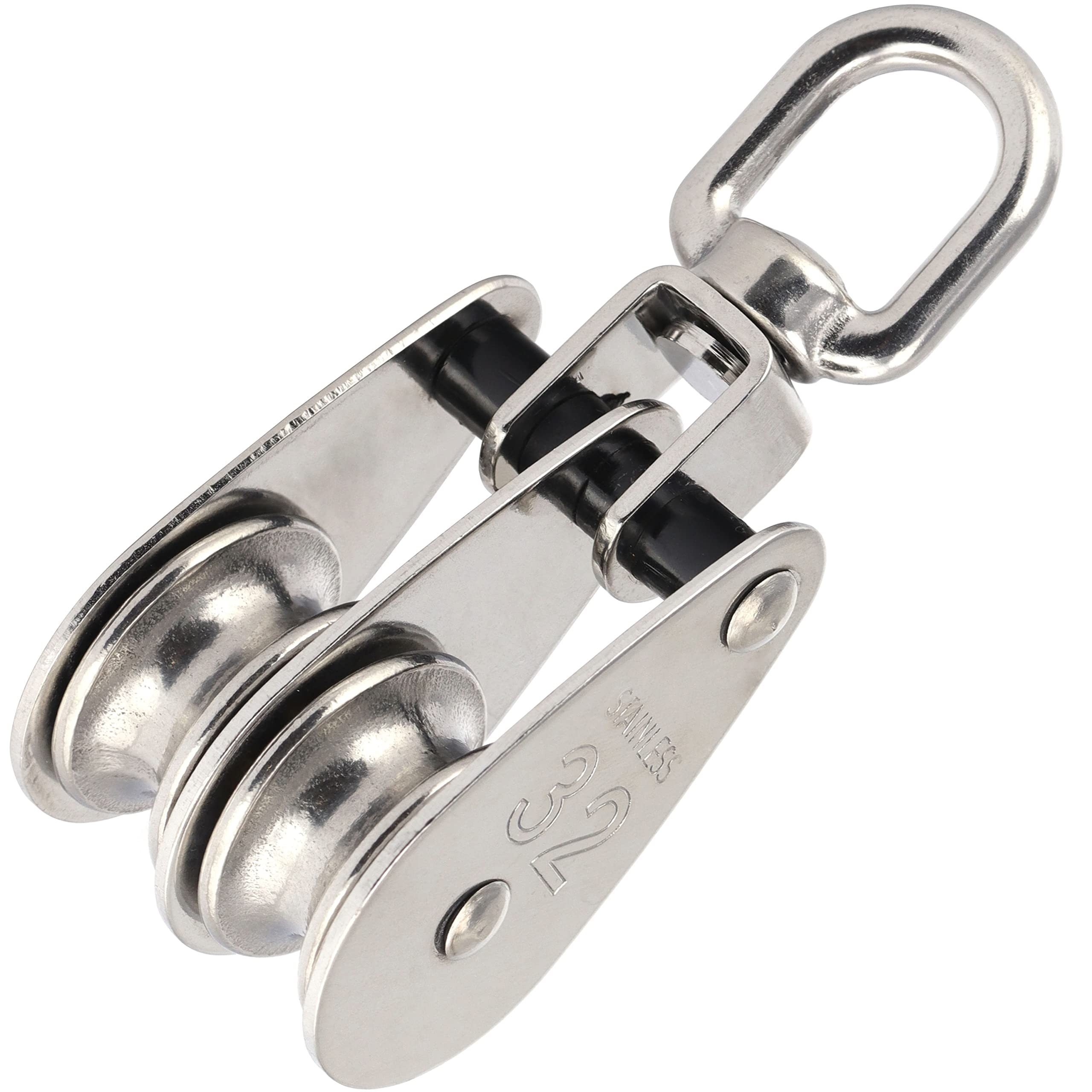Doppelblock mit Edelstahlrolle 35 mm aus Edelstahl A2 V2A (4 Stück) Block Umlenkrolle Blockseilrolle Seilrolle Doppelt Riemenscheibe Doppel-Flaschenzug Doppelwirbel Flaschenzug