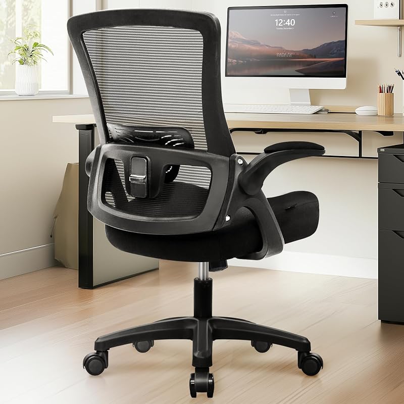 Office Desk Chair High Back Mesh Chair Adjustable Lumbar, Black | Ergonomic High-Back Design with Breathable Mesh, Flip-Up Armrests, Comfortable Support for Home office or Computer Work