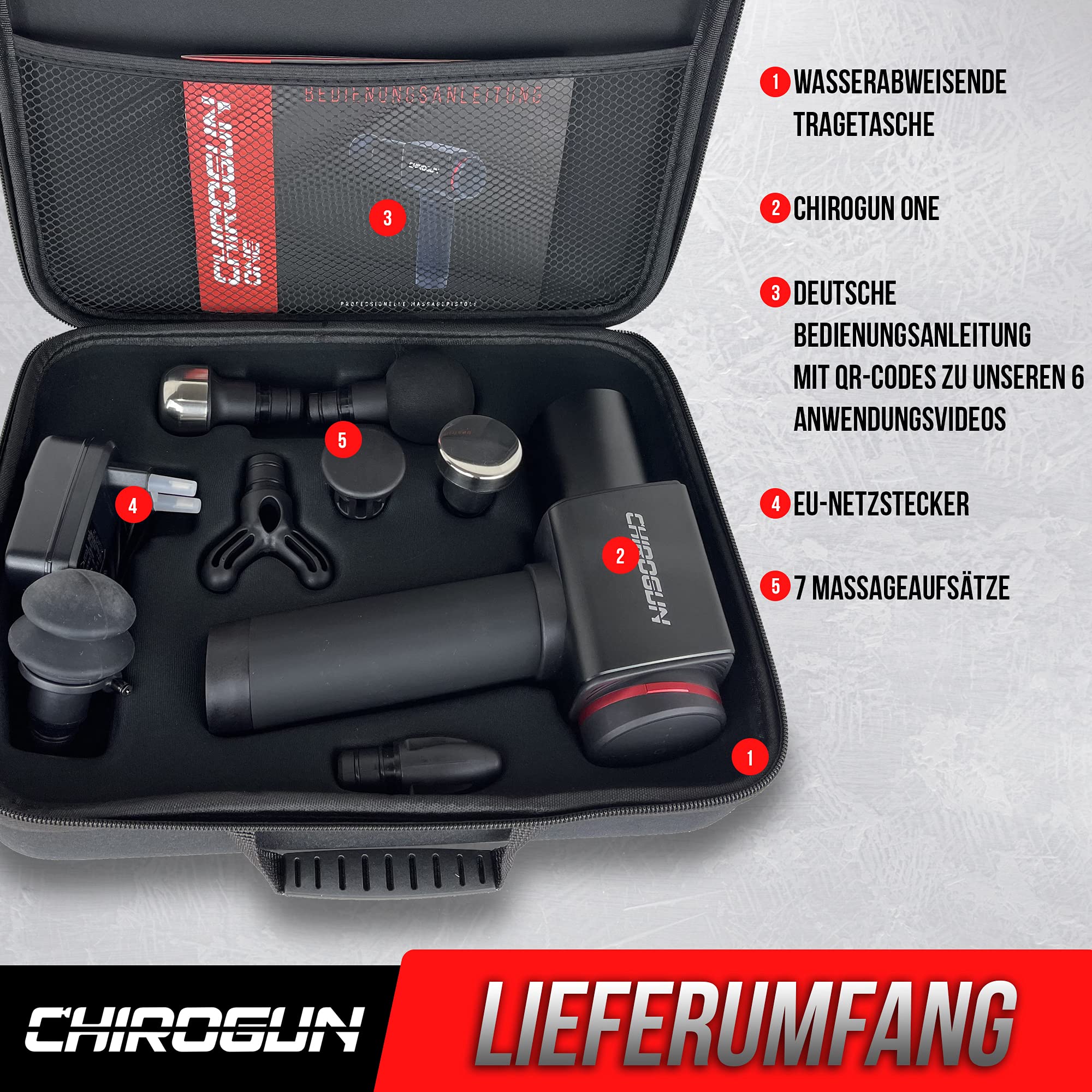 ONE Massagepistole - Elektrische Massage Gun mit 7 Aufsätzen, Premium Massage Pistole aus Edelstahl mit 6 optimalen Intensitätsstufen, Massagegerät Rücken Nacken Schulter Füße mit 7h Akku