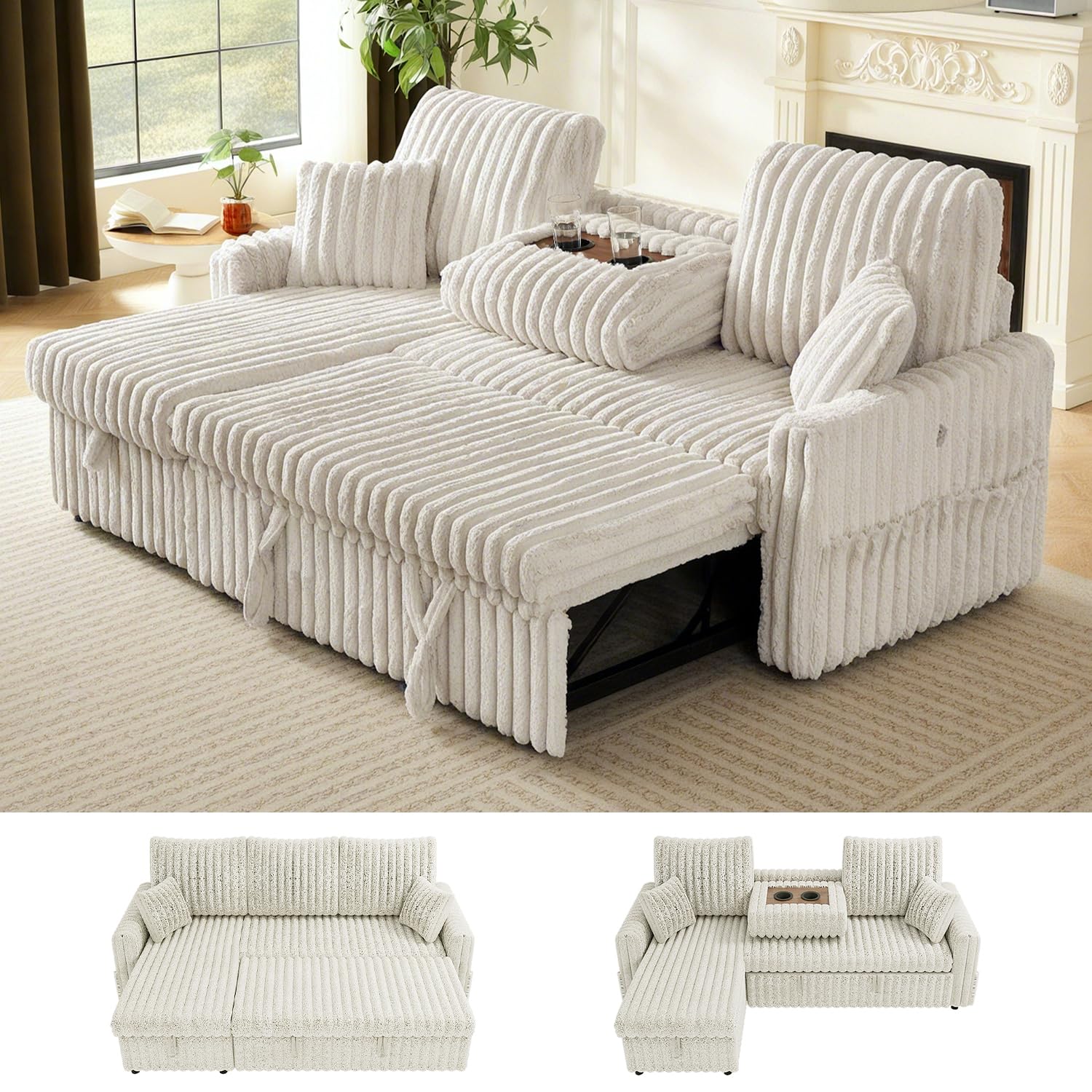 Sleeper Sofa Bed, 81” Pull Out Couch Bed, 3 in 1 L-Shaped Couch with Charging Station, Cup Holder, Side Pocket, Couches for Living Room(Plush Beige)