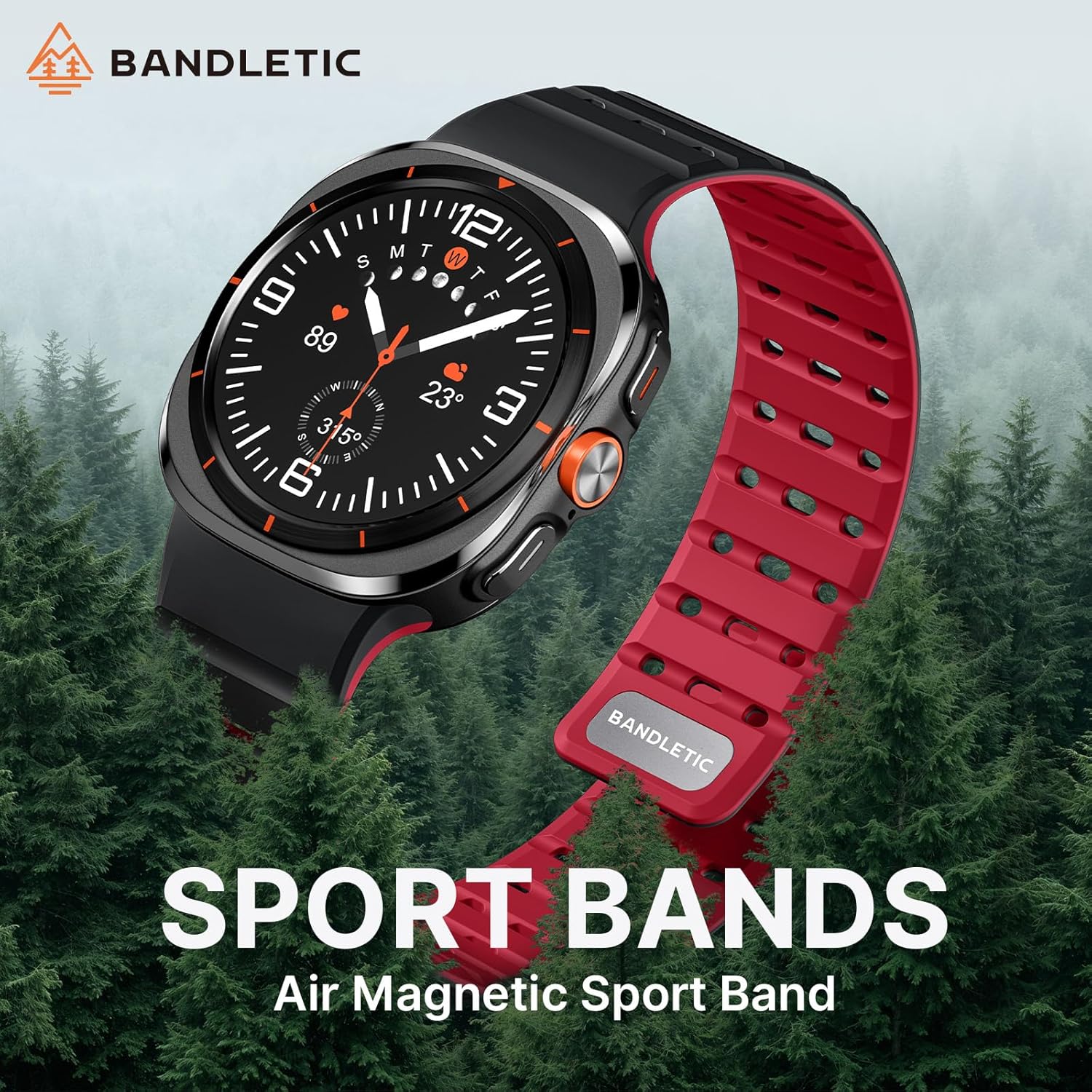 Bandletic Magnetic Silicone Band Compatible with Samsung Galaxy Watch Ultra 47mm Bands 2025/2024, Rugged Thin Soft Waterproof Sport Strap Replacement Wristbands for Women Men, Black/Red - Image 2