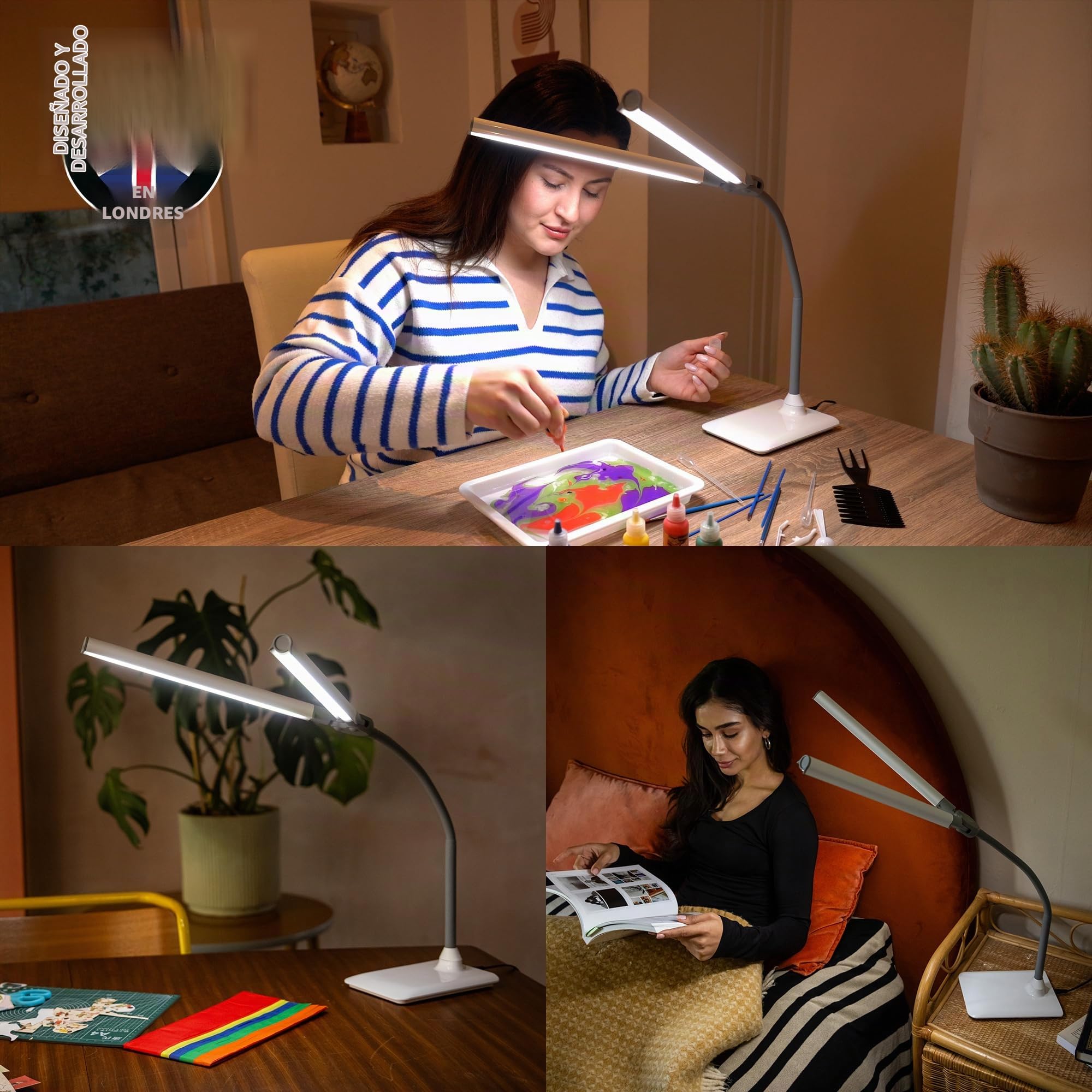 Daylight DuoPro™ – Lámpara de Escritorio LED Doble Cabeza – Pantallas Antirreflejos, IRC 95+, 6000K, Brillo Ajustable, Lámpara de Lectura de Mesa para Oficina, Diseño Moderno, Enchufe Europeo