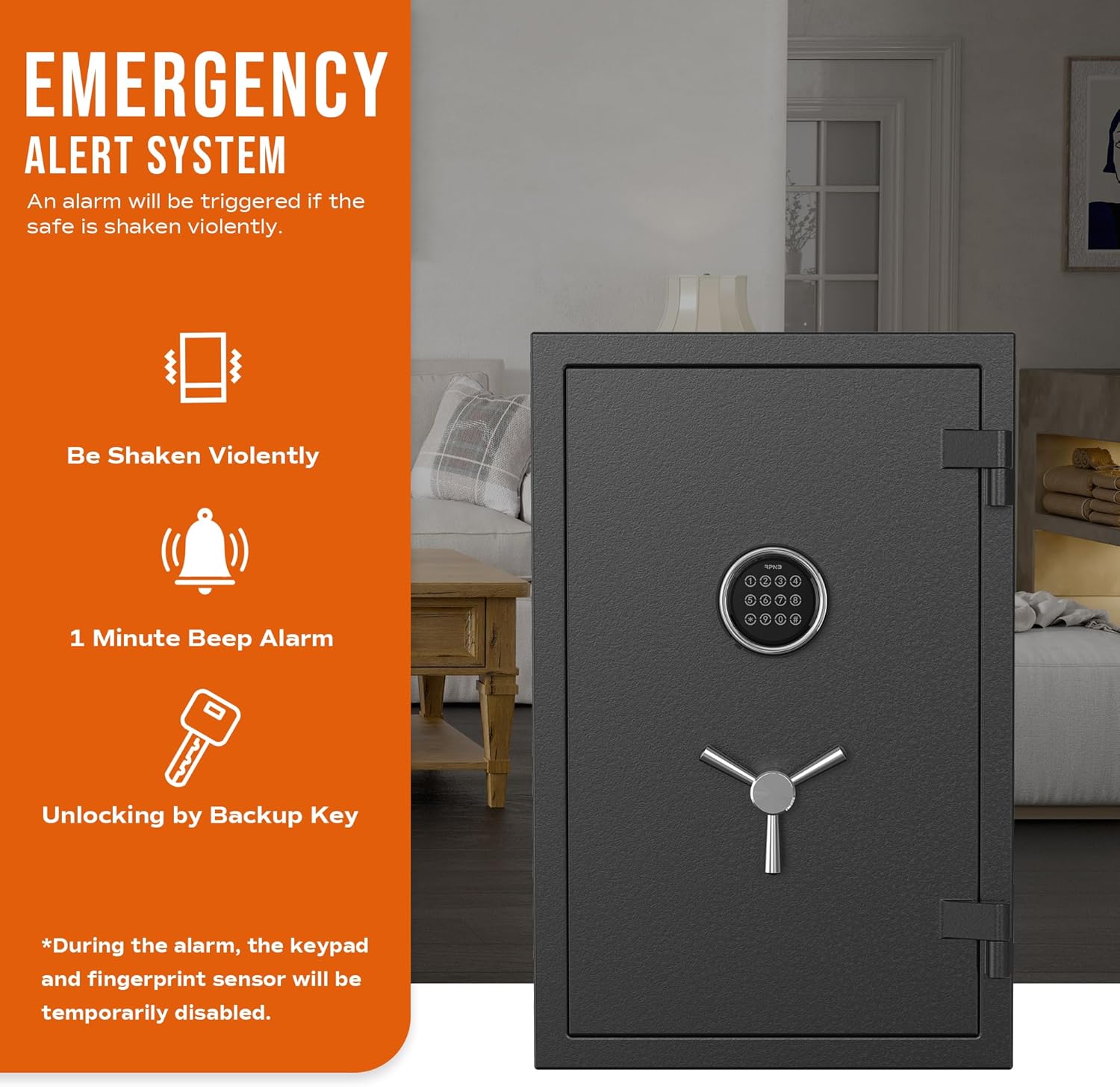 RPNB safe with an overlay explaining its emergency alert system, including vibration detection and a 1-minute beep alarm.