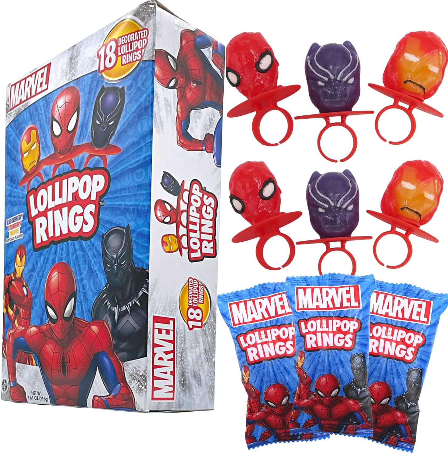 Imaginings 3 Marvel Lollipop Rings Individually Wrapped Candy Spider-Man Iron Man Black Panther Character Shaped Suckers 18 Count