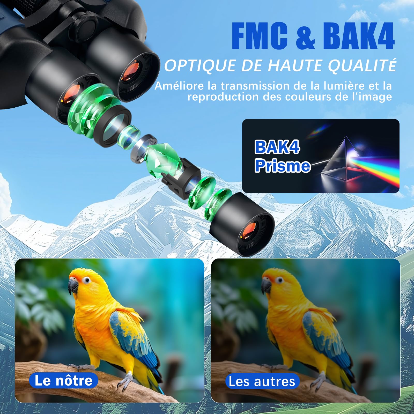 Jumelles 20x50 pour Adultes avec BAK4 Prism, FMC lentille, Compact, pour Observation des Oiseaux, Concerts, Chasse et Jeux de Sport, Jumelles pour Adultes et Enfants avec Adaptateur pour Smartphone
