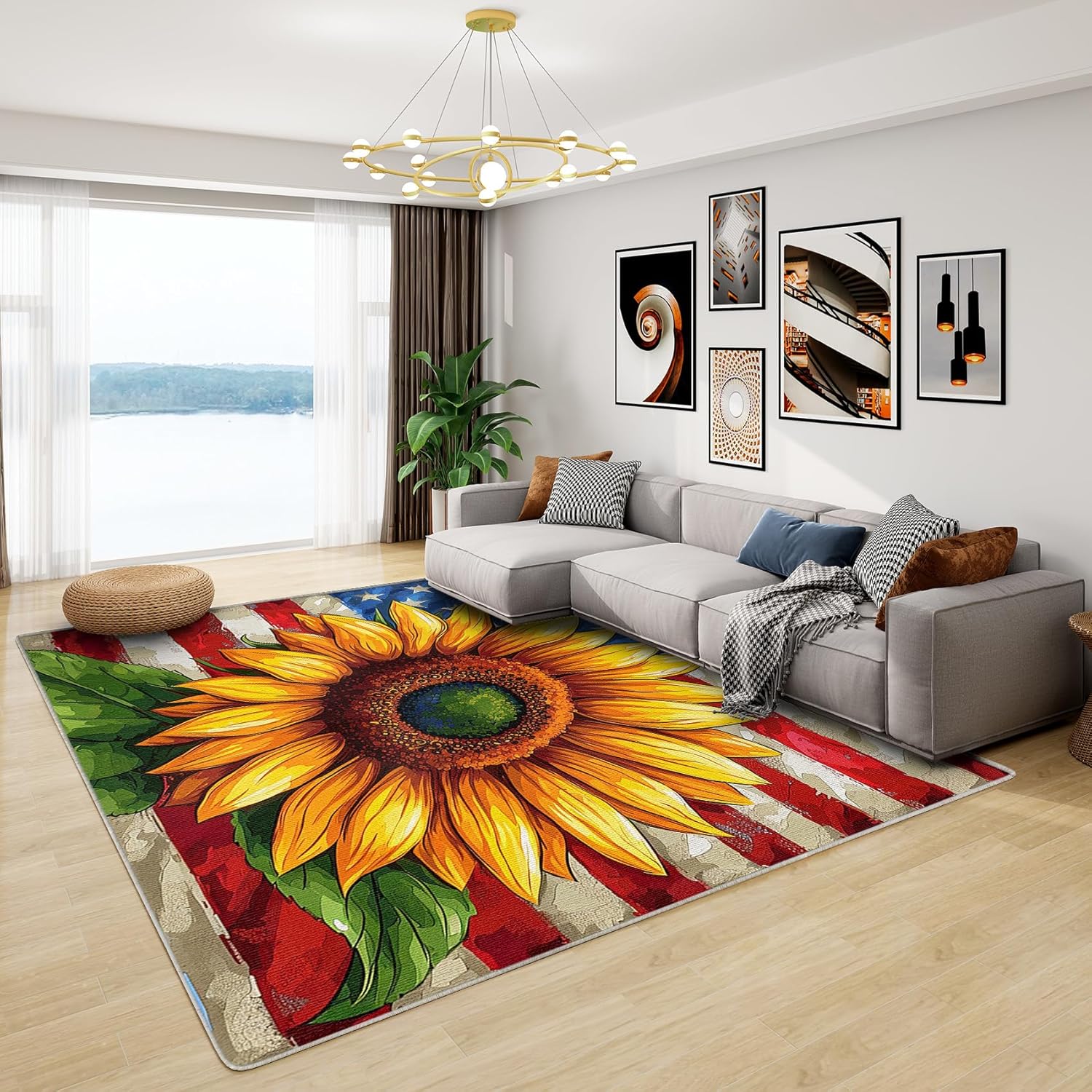 Sunflower Rug 5x7 - Fall Rug, 2x3 ft Washable Non-Slip Stain Resistant Farmhouse Sunflower Cardinal Area Rug, Buffalo Plaid Carpet for Entryway, Front Door, Kitchen,Autumn Home Decor & Gifts