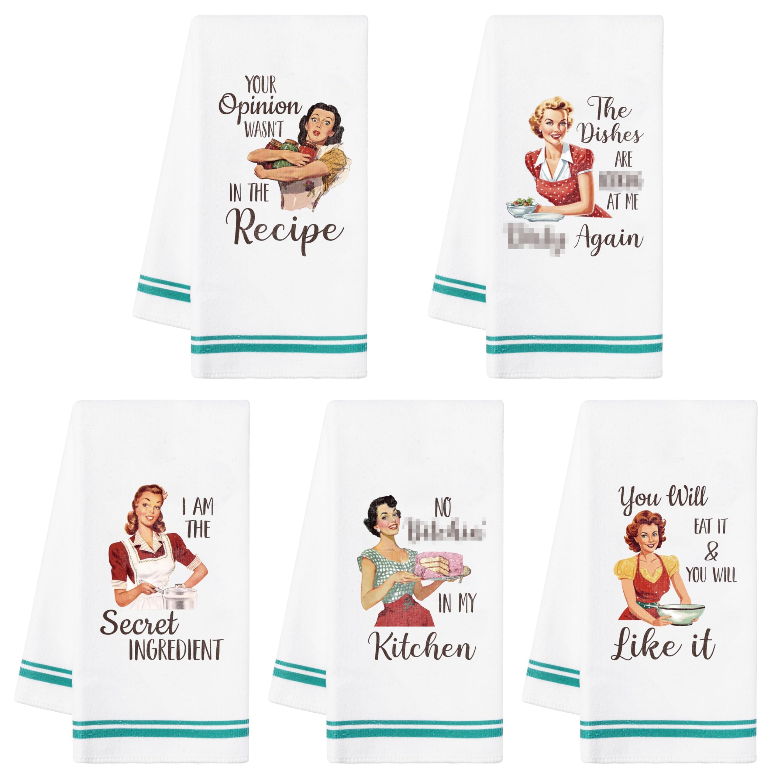 R HORSE 5Pcs Funny Kitchen Dish Towels, Funny Joked Themed Kitchen Dishcloth Absorbent Retro Sassy Lady Cleaning Dishcloth Bar Hilarious Hand Towel Gifts for Hostess Mom Women Housewarming
