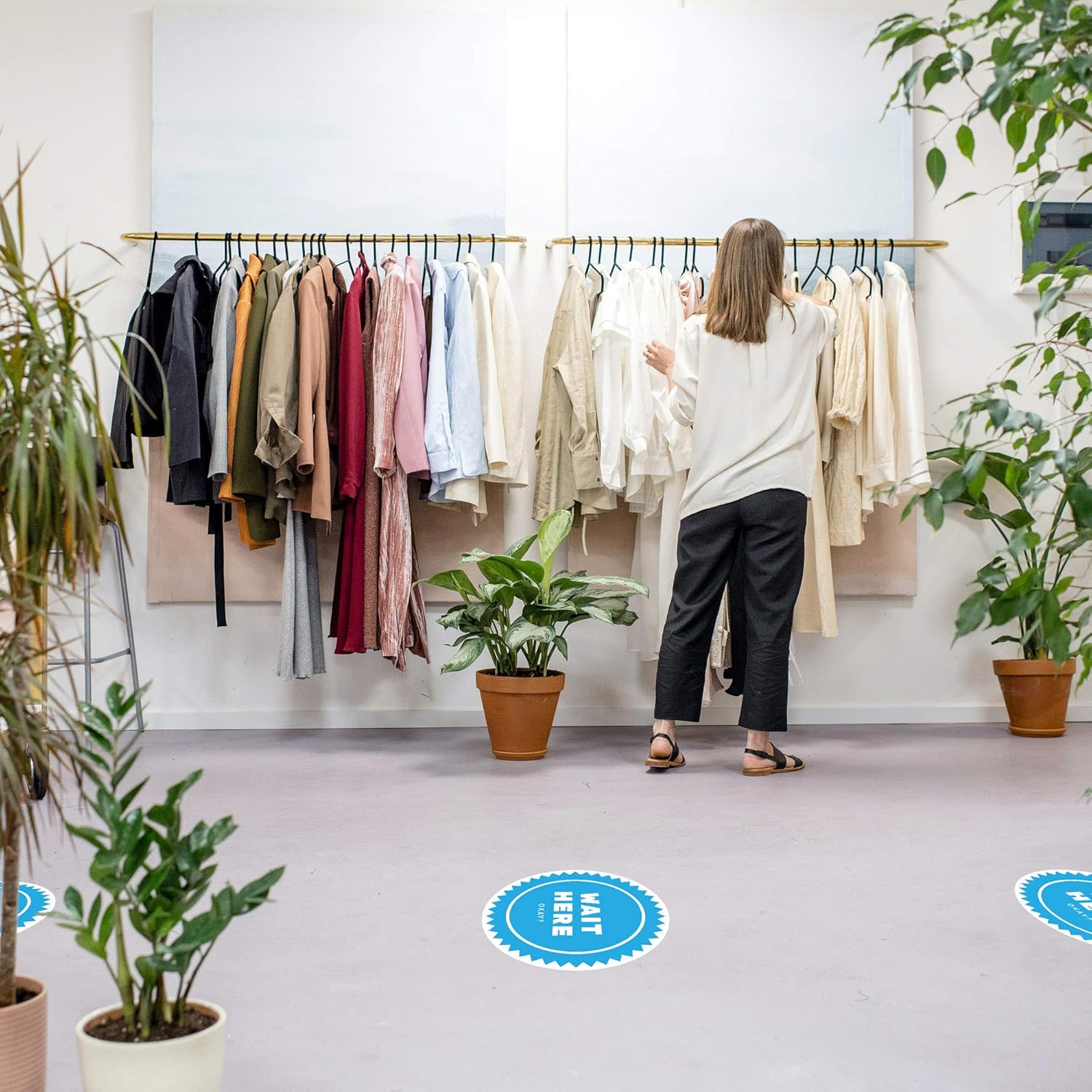 Wait HERE Social Distancing Floor Stickers - Pack of 10 Signs, 12" Round Blue Large Decals for (6ft) six feet Social Safety Floor Marker; for Stores, Shops, Restaurants ; Best for Interior Design: Industrial & Scientific