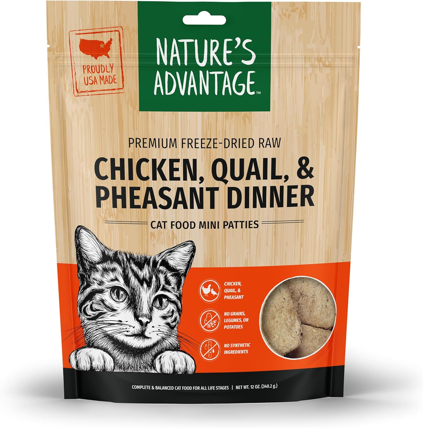 Nature's Advantage Freeze-Dried Raw Chicken, Quail, & Pheasant Cat Food Mini Patties, 12 oz | Grain Free, High Protein Nutrition