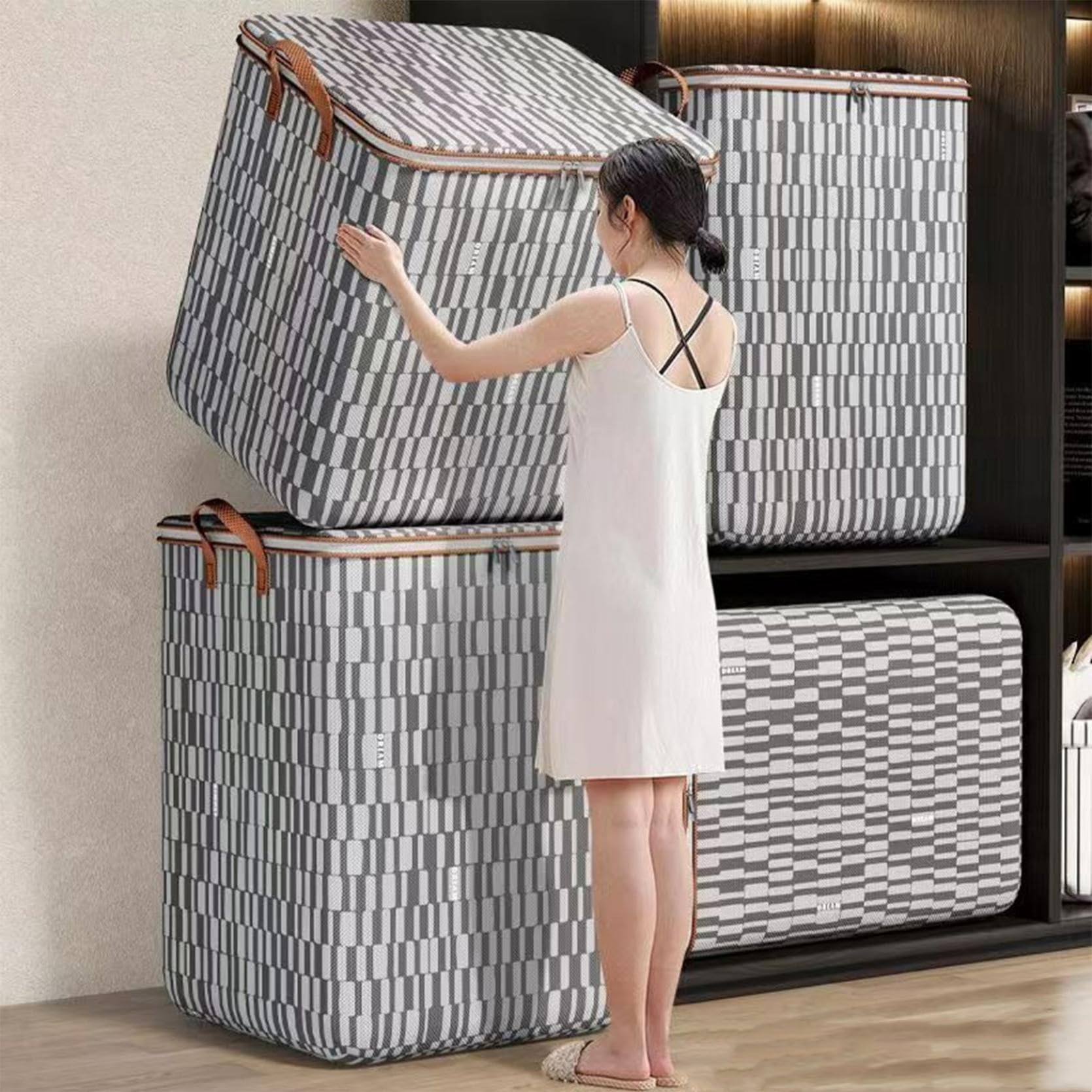 Storage Bins with Lids Non-woven Zipper Storage Bag Moving Quilt Storage Basket Travel Large-capacity Clothing Storage Bag for Pillows Blankets Storage #A