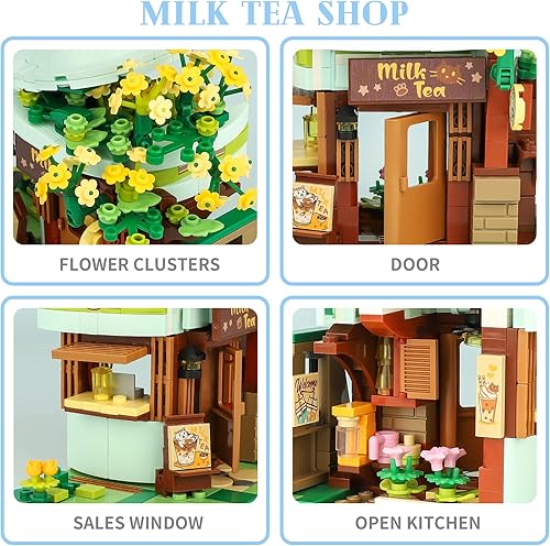 Miniatura 2 de Juego de construcción de tienda de té con leche para gatos, casa de amigos, kit de construcción lindo y creativo, con un gato encantador, juguete de