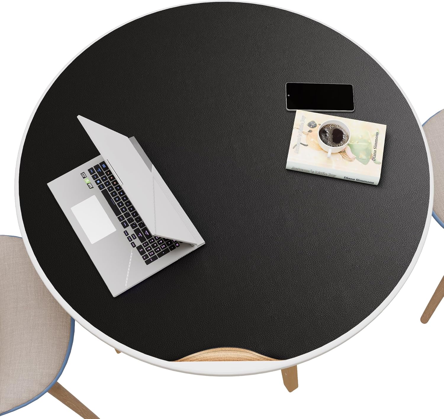 MAIDERN 30 Inch Round Cork & Leather Placemats, Cuttable Size (24-30 Inch), Trimmable Dining Table Mat, Heat Resistant/Non-Slip Table Cover for Kitchen, Office, or Restauran (Black)