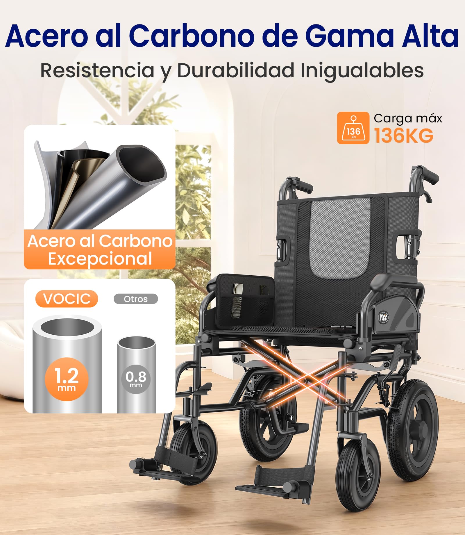 VOCIC Silla de ruedas U11, plegable, ligera, 13 kg, silla de ruedas para apartamento, plegable hasta 136 kg, asiento 46 cm, dos frenos, 30 cm, cojín de malla 3D, sillas de ruedas estrechas