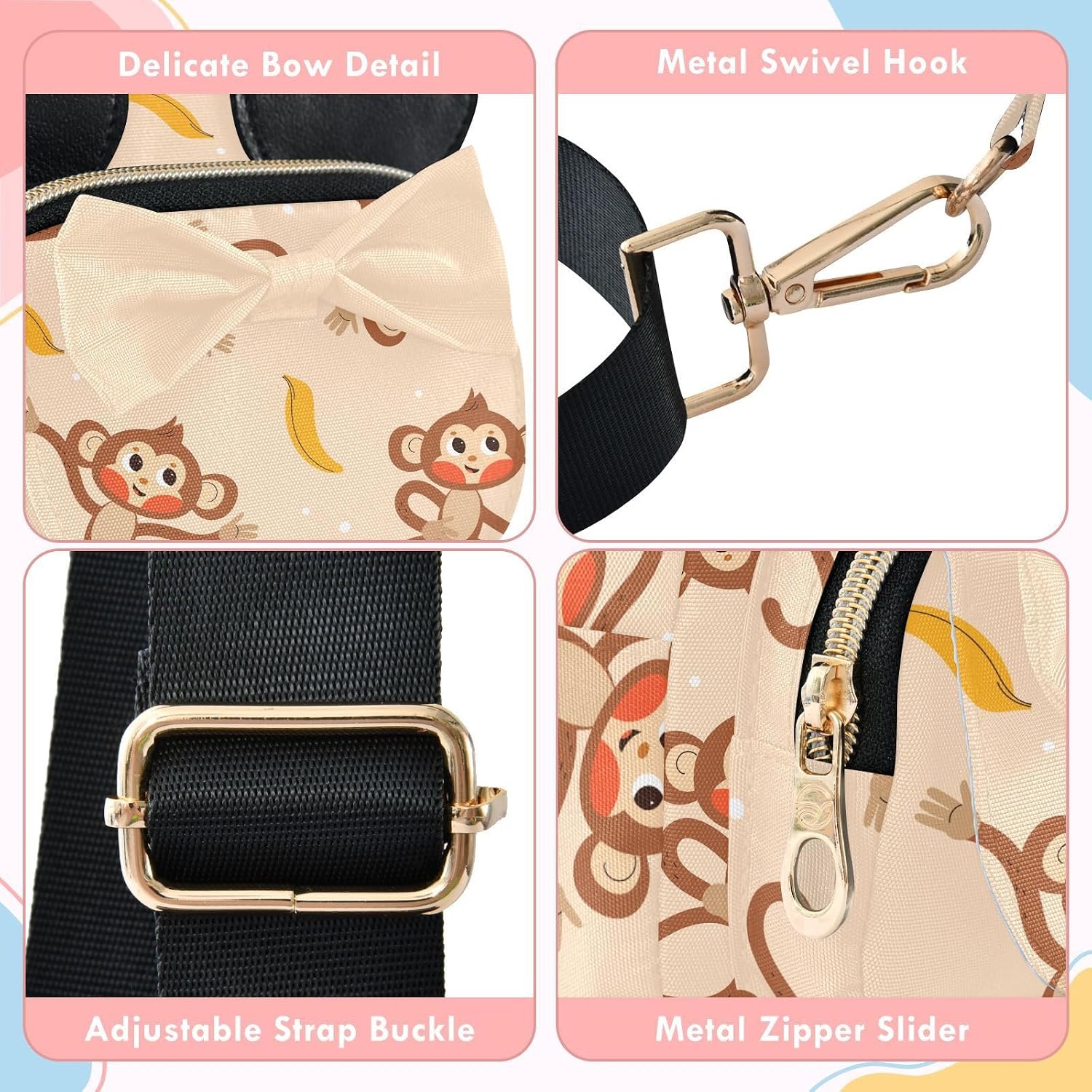 Sinestour Monkey Kids Crossbody Bags for Girls, 5.7x3.1x7.5 Inches | Crossbody Fanny Pack, Toddler Purse, Cute Sling Belt Bag with Ears, 2L Small Shoulder Chest Bag for Travel