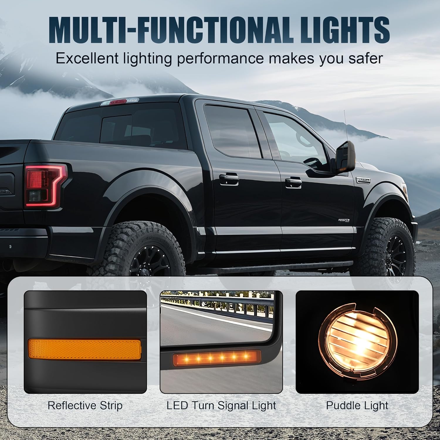 Driver Side Tow Mirror Compatible with 2004-2014 Ford F150, Side Mirror with Power Heated Turn Signal Puddle Light Manual Folding, Reflective Strip, Left