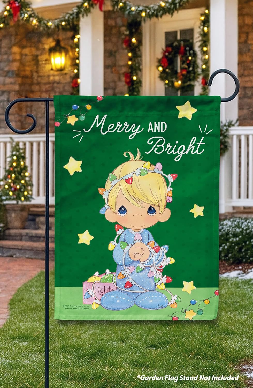 Flagology, Precious Moments Merry and Bright Christmas Garden Flag 12" x 18", Outdoor Flag, Exclusive Premium Fabric, Officially Licensed, Holiday Outdoor Décor