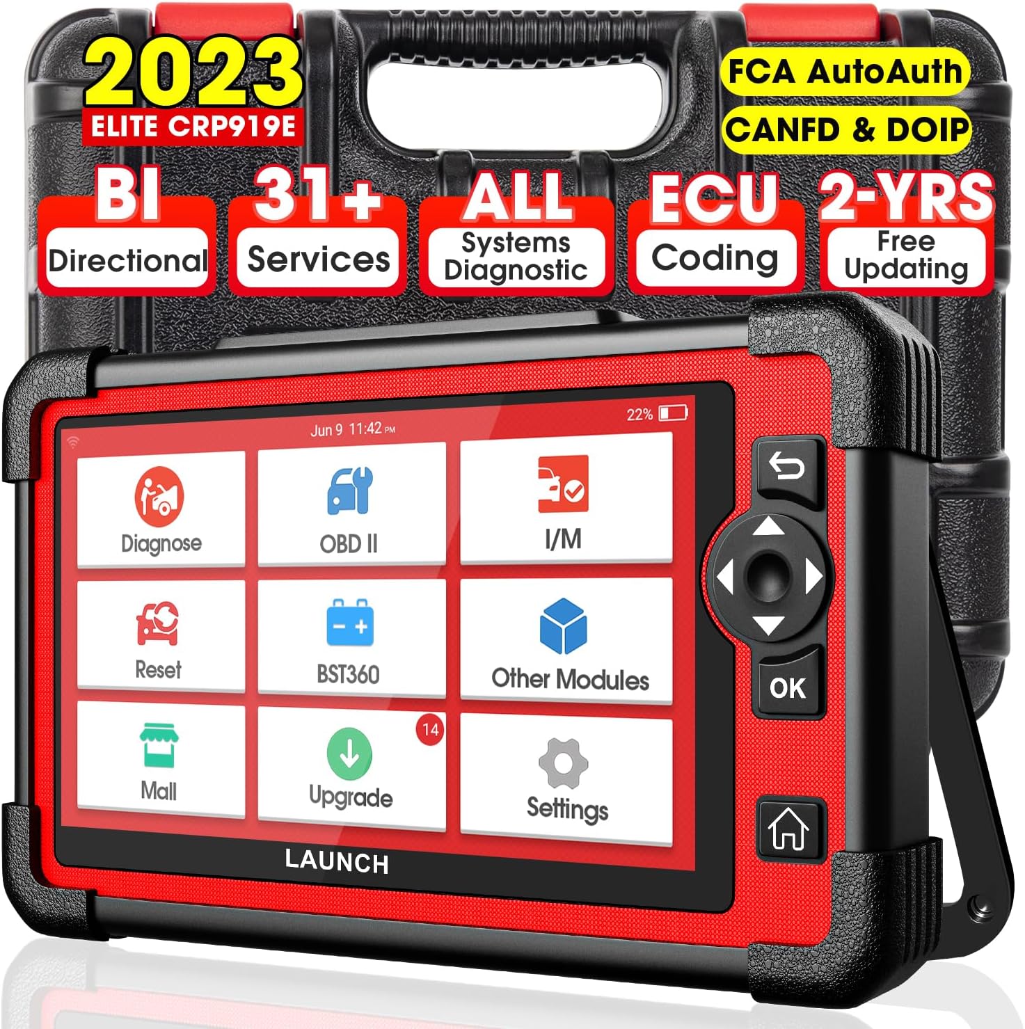 LAUNCH X431 CRP919E Elite OBD2 Scanner, 2023 Bidirectional Scan Tool, 2-Year Update[Valued $300], 31+ Service, All System Diagnosis, ECU Coding, Key Programming, Crank Relearn, FCA Autoauth,CANFD DoIP
