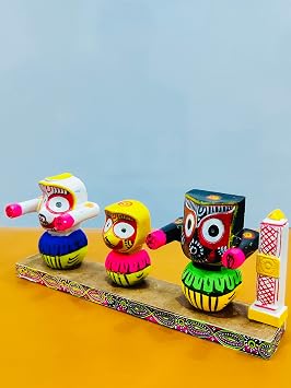 Lord Jagannath, Balaram, Subhadra Wooden Idol Stand Murti Jagannath Murti White, Wood, 7 cm, 6 cm