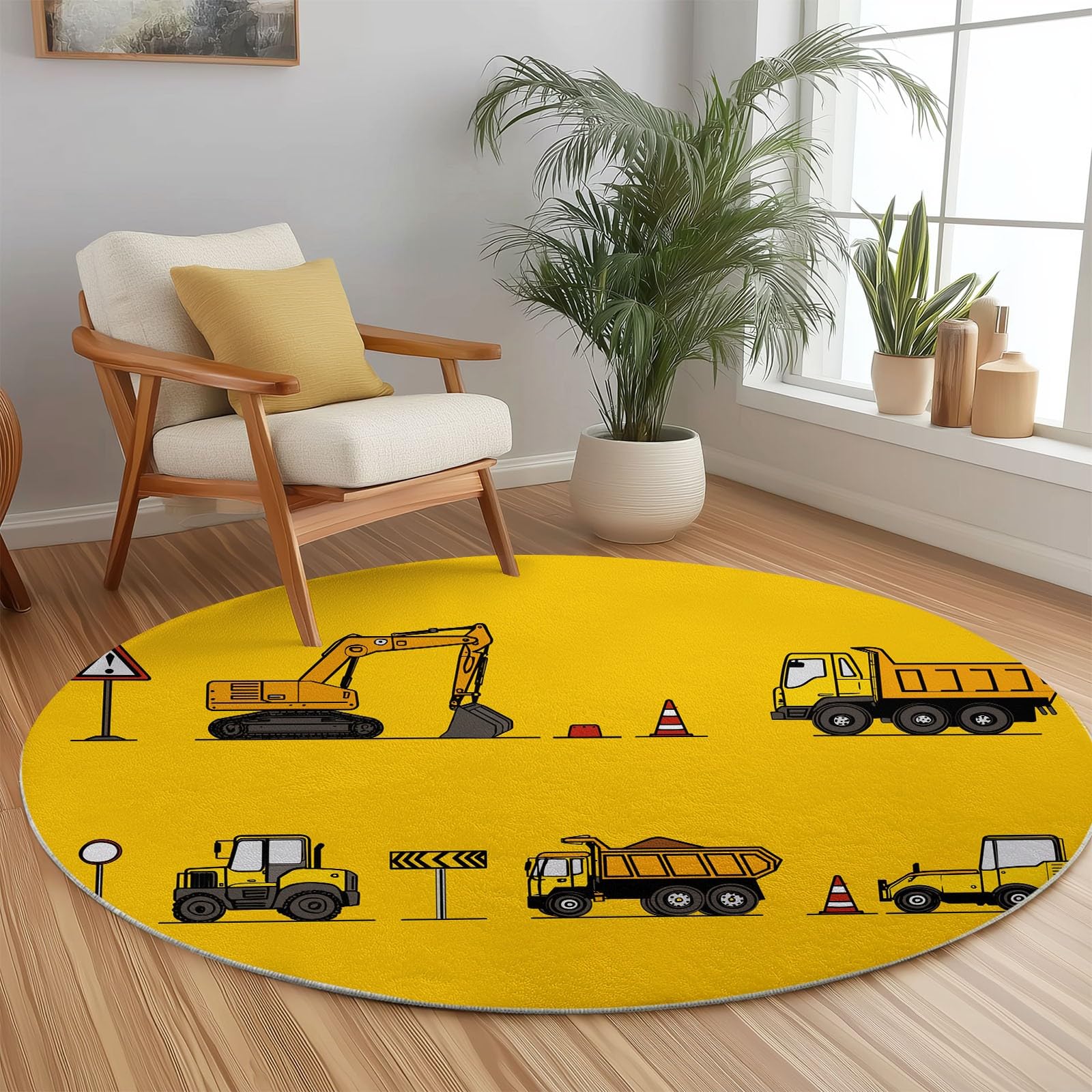 Veicoli Da Costruzione Cartone Animato Tappeto Salotto Rotondo Giallo Flanella Camera Da Letto Tappeti Rotondo, Cucina Antiscivolo Lavabile - Per Tavolino Da Salotto Bagno Tappeto Cameretta 120 cm