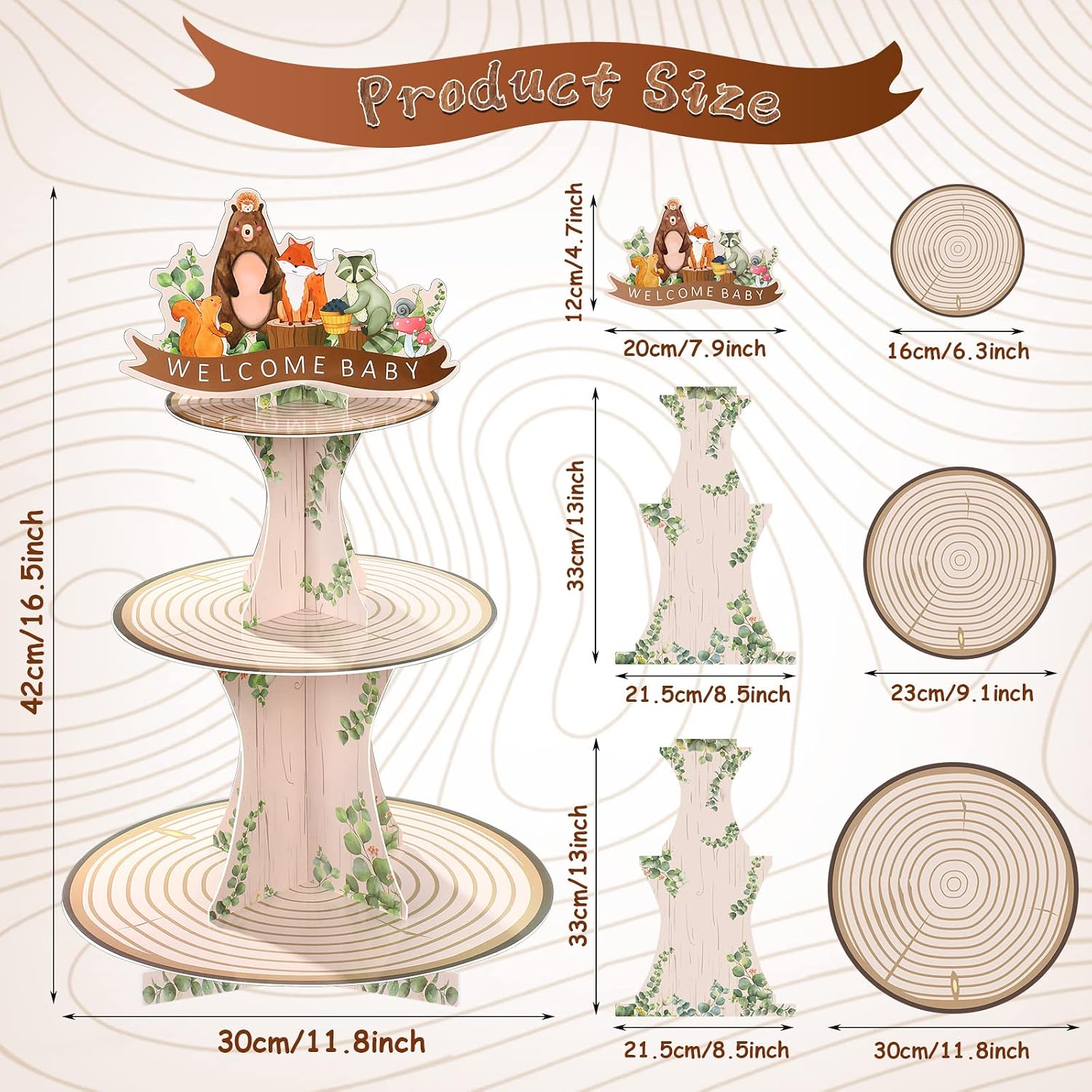 Zonon 3 Tier Woodland Baby Shower Decorations Woodland Cupcake Stand, Green