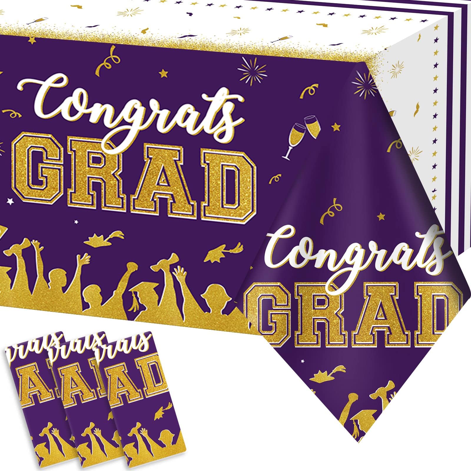 chiazllta Set of 3 Graduation Tablecloths Class of 2026 Congrats Grad Purple Graduation Party Tablecover Decorations Party Supplies Large Size Plastic