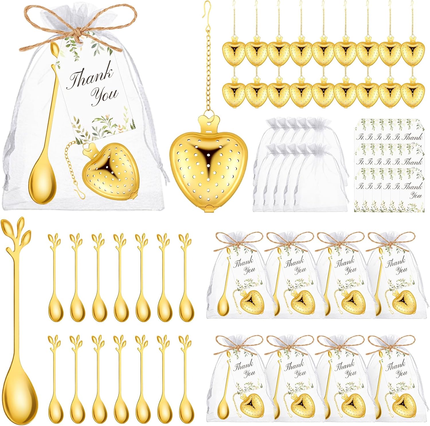 50 Sets Bridal Shower Tea Party Favor for Guests Leaf Tea Spoon Heart Tea Infuser for Loose Leaf Tea Steeper with Thank You Card Organza Bags for Wedding Decoration Gift Souvenirs (50, Gold)
