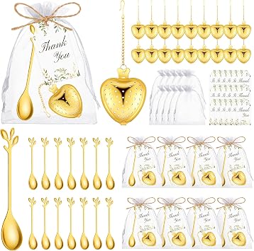 50 Sets Bridal Shower Tea Party Favor for Guests Leaf Tea Spoon Heart Tea Infuser for Loose Leaf Tea Steeper with Thank You Card Organza Bags for Wedding Decoration Gift Souvenirs 50, Gold