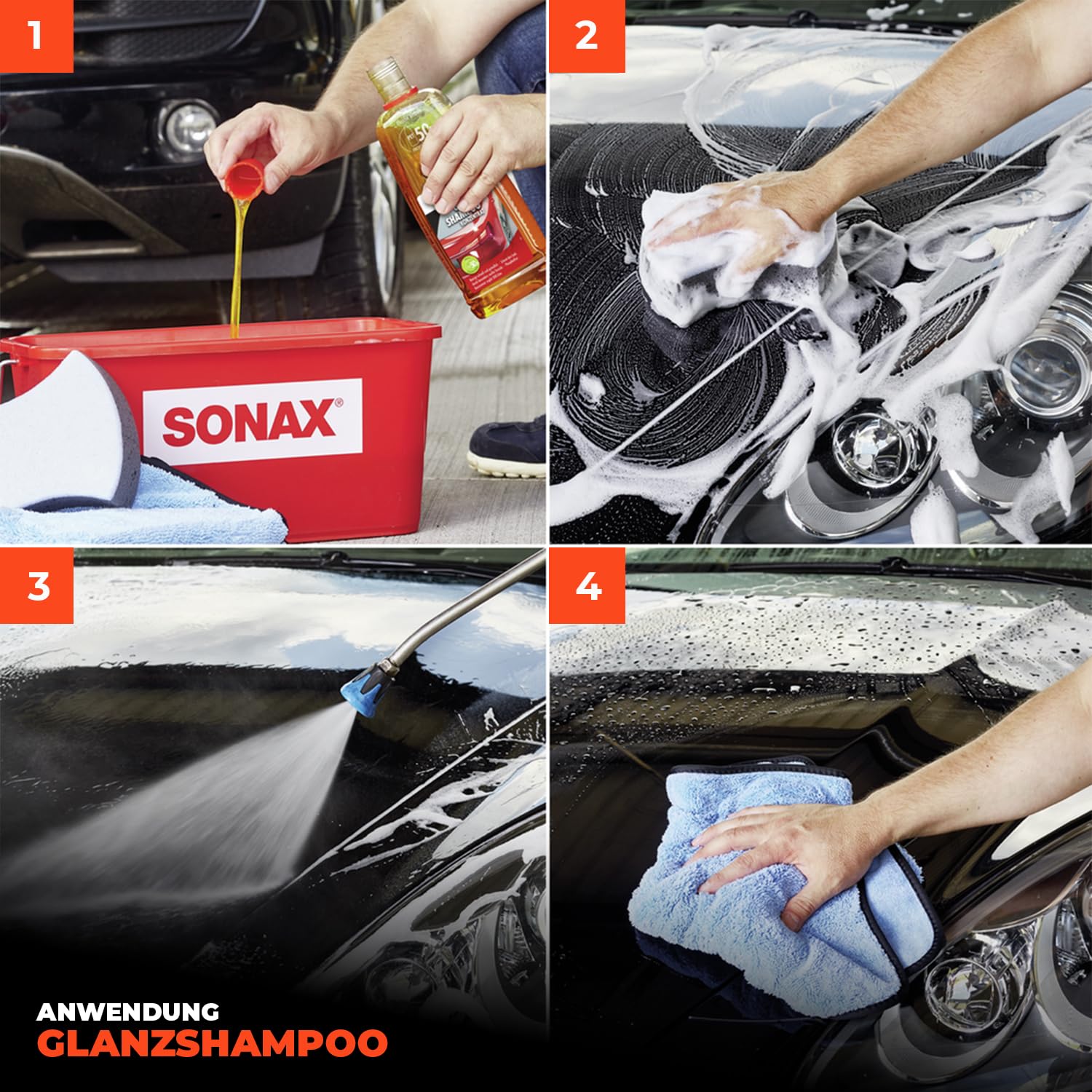 Autowäsche Set – SONAX Glanz Shampoo Konzentrat 500 ml + FelgenBeast Felgenreiniger 500 ml + Waschhandschuh + Trockentuch + Mikrofasertuch + Duftspray – Auto Waschset, Autoreinigungsset Außen, 6-tlg.