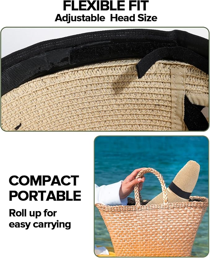 Sombrero de playa beige para mujer con ala ancha y orificio para coleta miniatura 6