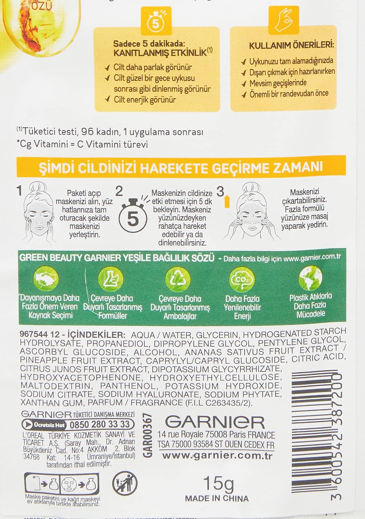 Garnier C Vitamini Yorgunluk Karşıtı Ampul Kağıt Yüz Maskesi