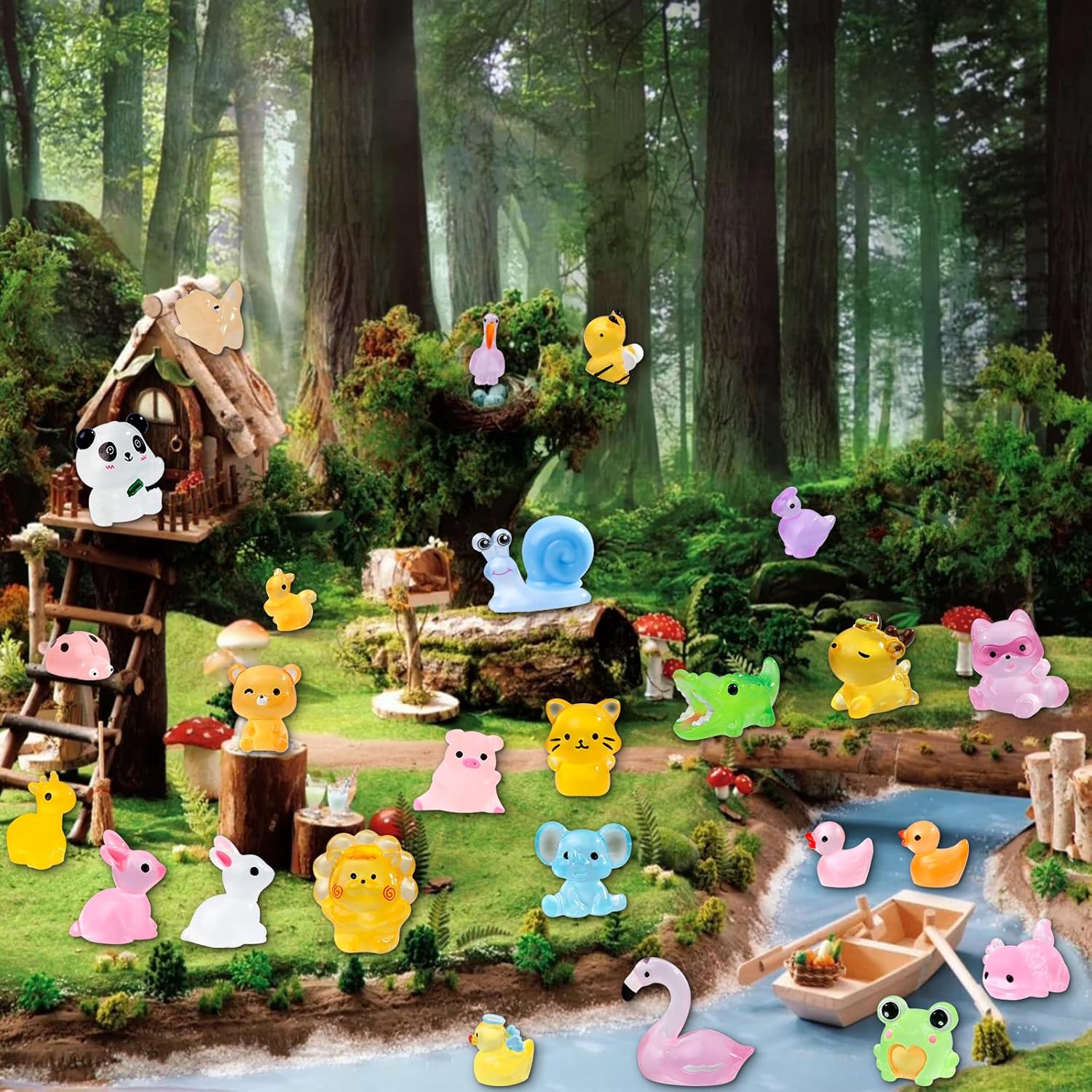 52Pcs Luminous Mini Resin Animals 52 Styles Miniature Glow in the Dark Resin Animal Figures to Hide Tiny Small Little Ducks Turtles Dinosaurs and Frogs for Micro Landscape Dollhouse Fairy Garden Decor - view 2