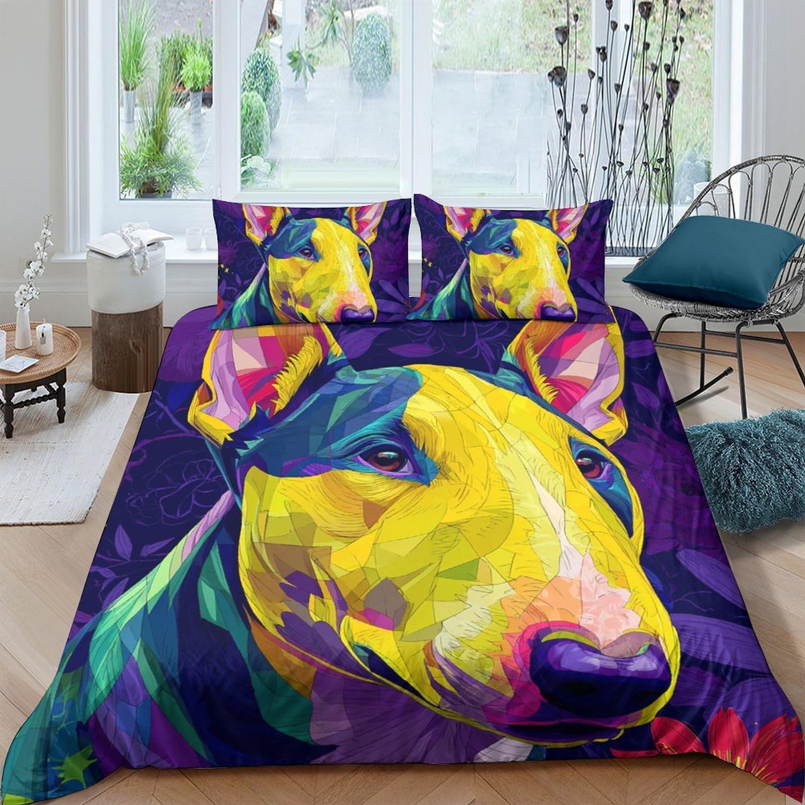 Ctjqhvkz Style-3 3D Printed Colorful Bull Terrier Fitted Sheet Microfiber Soft Art Dog Bed Cover For Bedroom Guest Room Decor Single（135X200cm）