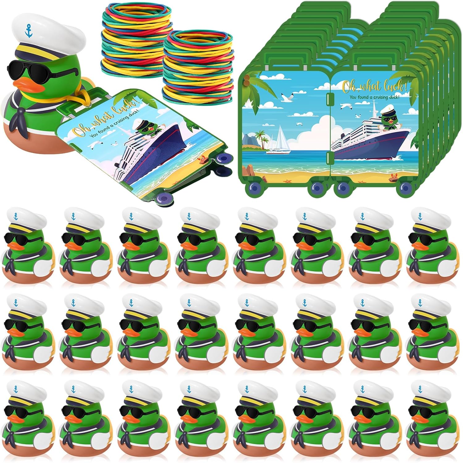 Simgoing 120 Pcs Duck Tag Cruise Kit Cruising Rubber Mallard Duck with Mini Sunglasses for Cruise Ship and Tag Card Elastic Band for Hiding Carnival Ducking Car Party Favor and Luggage Decorations
