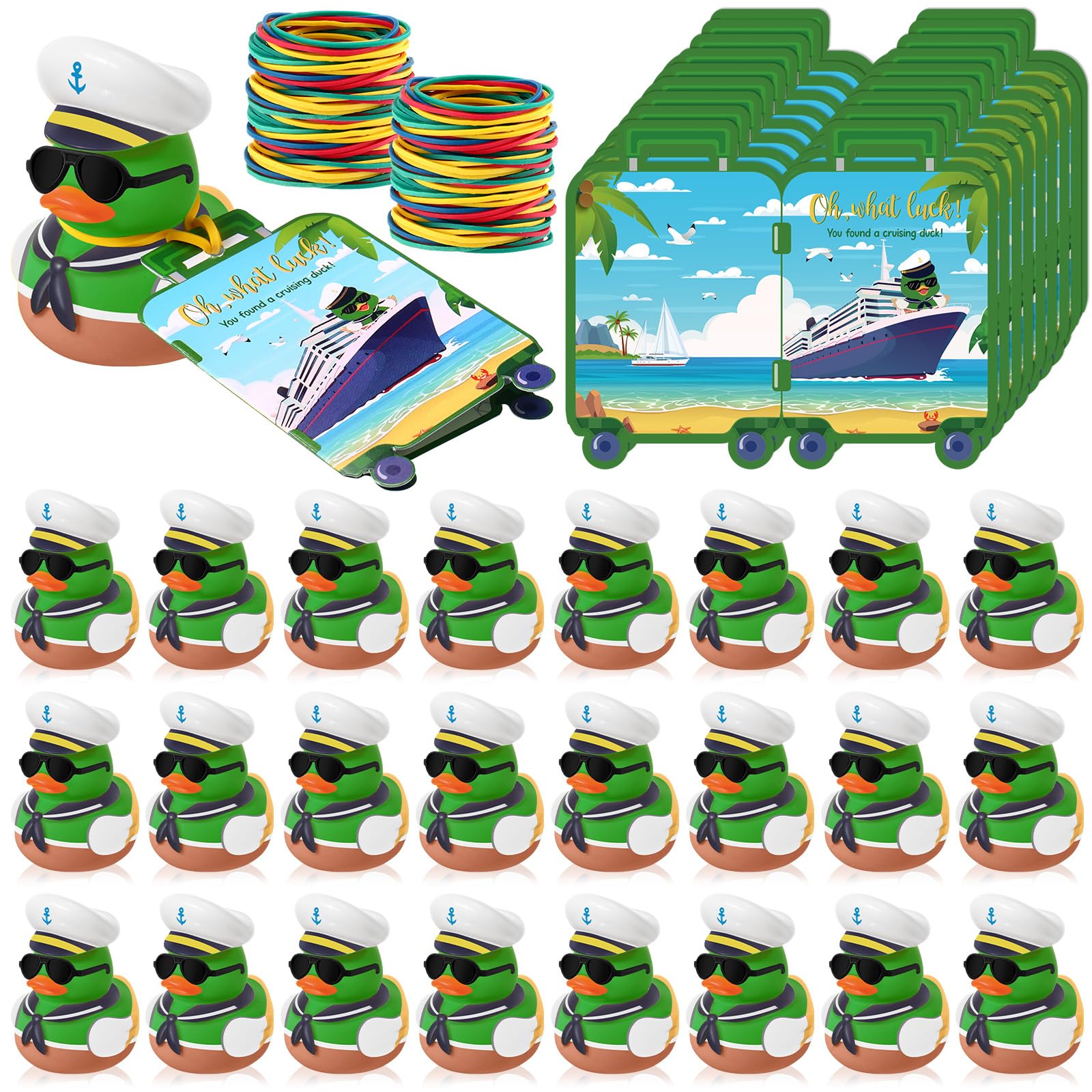 Simgoing 120 Pcs Duck Tag Cruise Kit Cruising Rubber Mallard Duck with Mini Sunglasses for Cruise Ship and Tag Card Elastic Band for Hiding Carnival