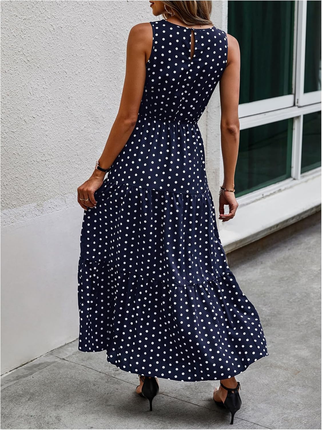Milumia Women's Polka Dots Ruffle Maxi Dress Elegant Sleeveless Flared Flowy Long Dresses - Image 3