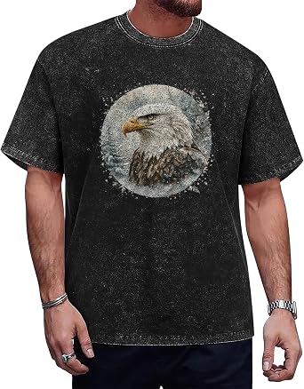 Mens Cotton T-Shirts Summer Trendy Oversized Graphic Tee Unisex Vintage Washed Shirts Cool Eagle Print Tops