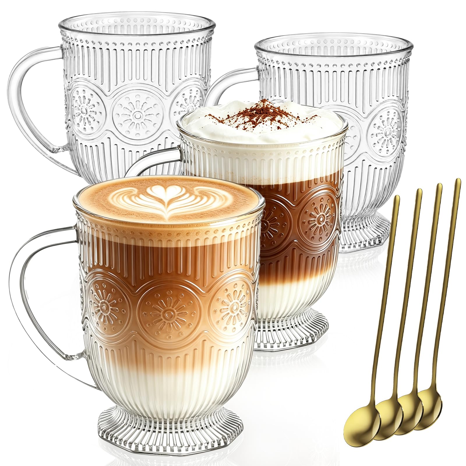 KEMORELA Coffee Glass Mugs Set of 4, 480ml Glass Cups with Handles & Spoons