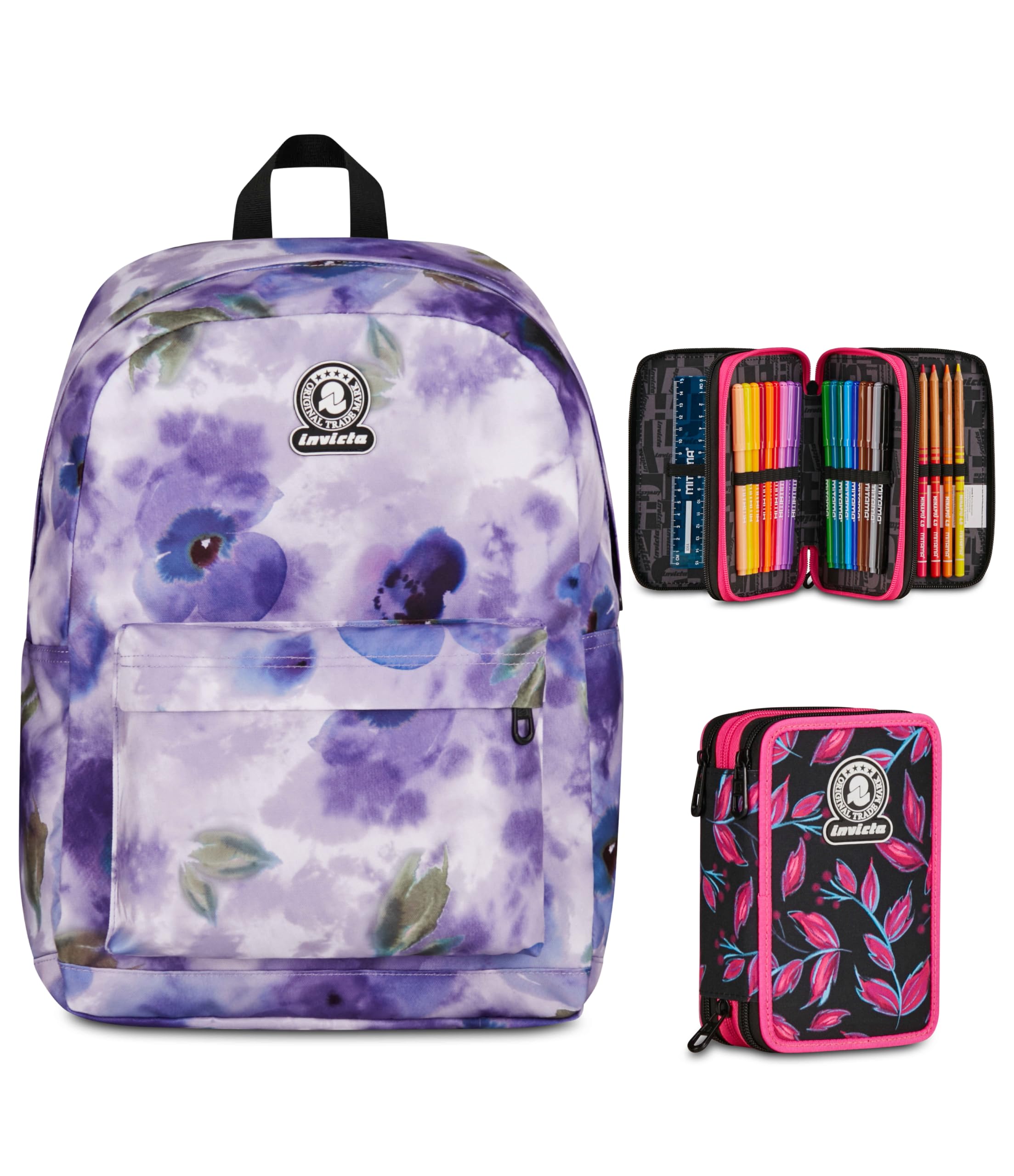 Invicta Zaino Ollie, Doppio Scomparto, Paint and Flower, viola + Astuccio 3 Zip, Completo di Matite e colori, Elementari, Medie, Superiori, Fuxia Berries, Bambine e Ragazze, rosa/nero