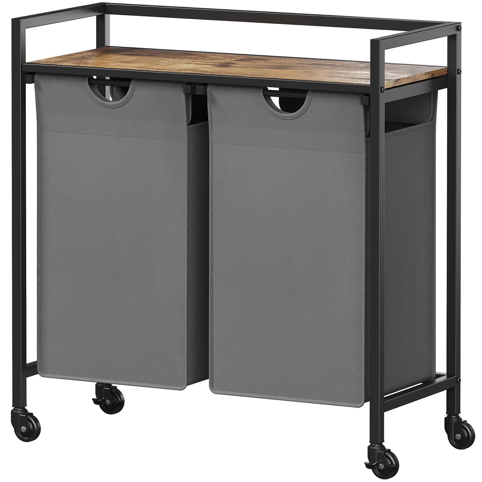 Lifewit Cesto para la Colada con Ruedas, Cestos de Ropa Extraíbles, Balda Superior Grande y Bolsas Extraíbles con Asas, Clasificador de Ropa para Lavadero, Baño, 2 Compartimentos, 95 L, Gris