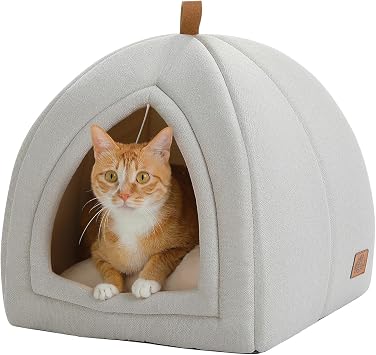 PAWZ Road Cat Cave Cat Bed Igloo House with Removable Washable Cushion, Foldable Pet Bed with Anti-Slip Bottom and Interactive Ball for Indoor Cats, Beige
