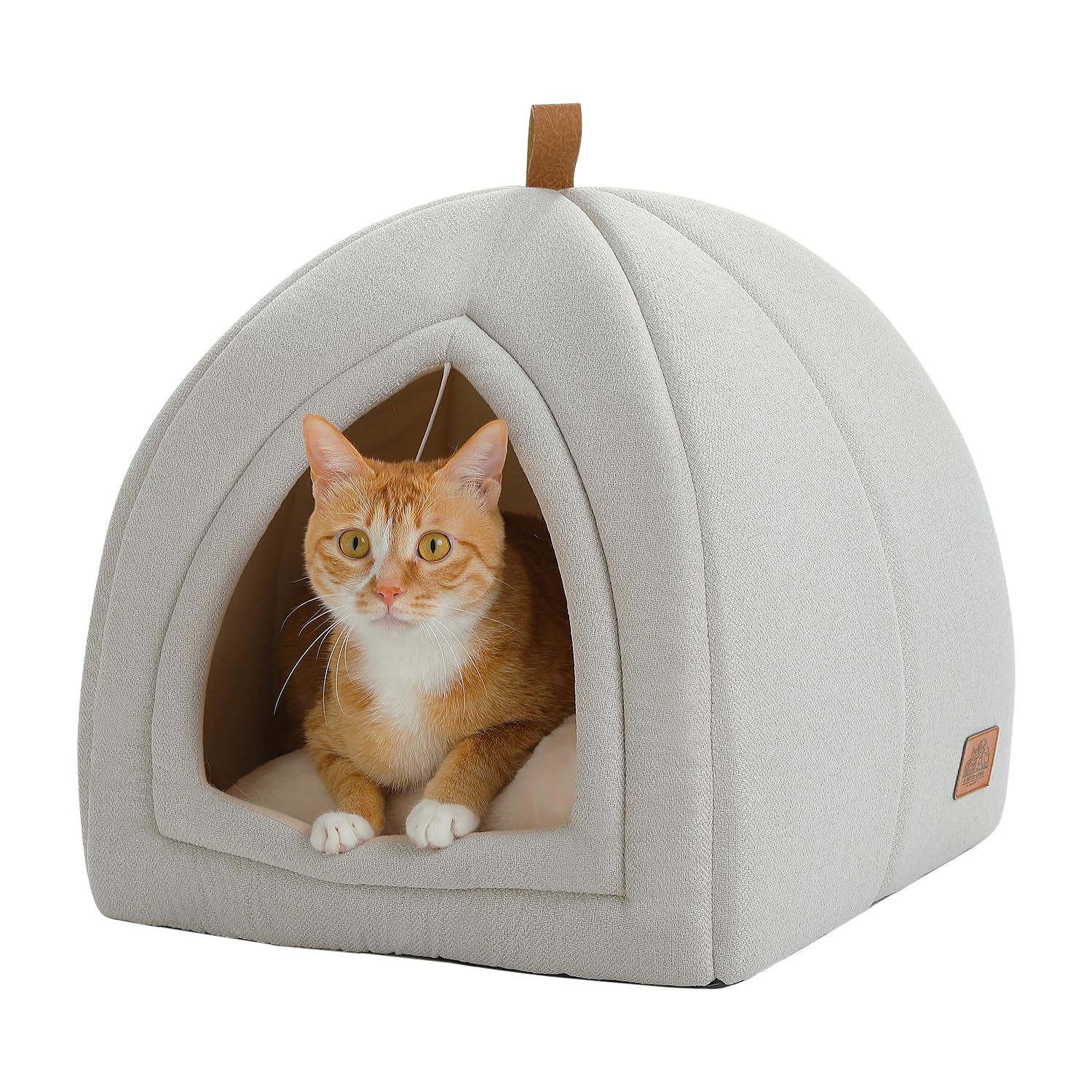 Cuccia Per Gatti A Tenda 40x40x40 Cm Con Cuscino Lavabile, Palla Sospesa E Base Antiscivolo, Beige