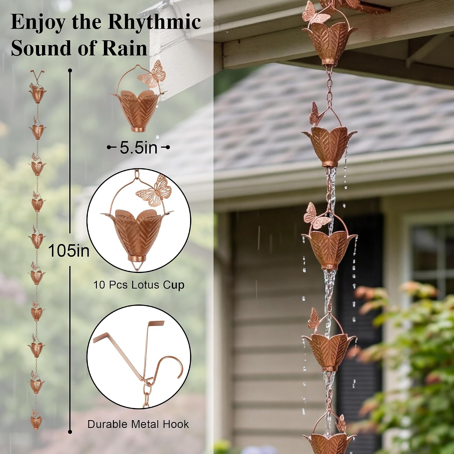 Topadorn 8.7 FT Rain Chain for Gutters, Butterfly & Flower, Copper Finish image 2
