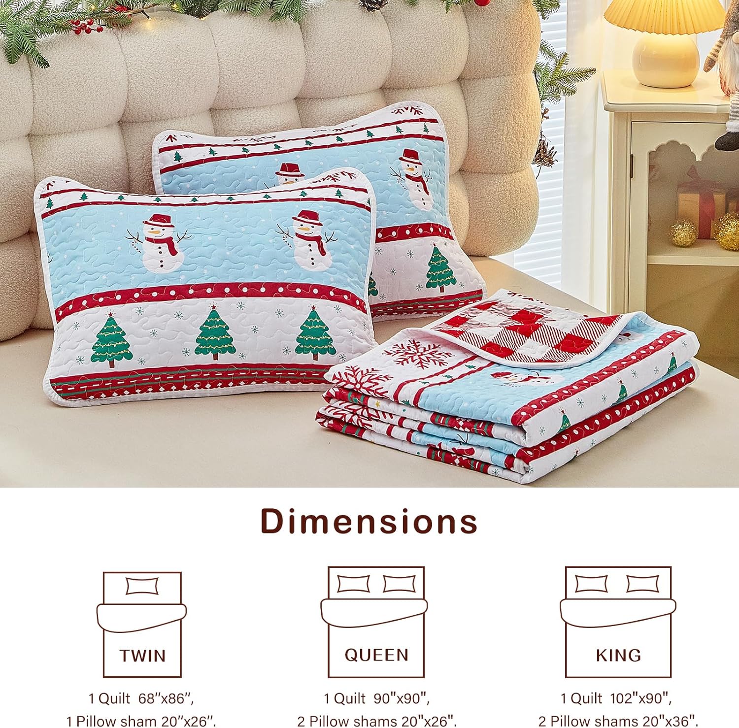 Joyreap 2 Pieces Christmas Quilt Set Twin, Red and White Stripes Snowflake Gingerbread Xmas Tree Santa, Soft Microfiber Bedspread Bed Cover for All Season, 1 Quilt n 1 Pillow sham- 68x86 inches