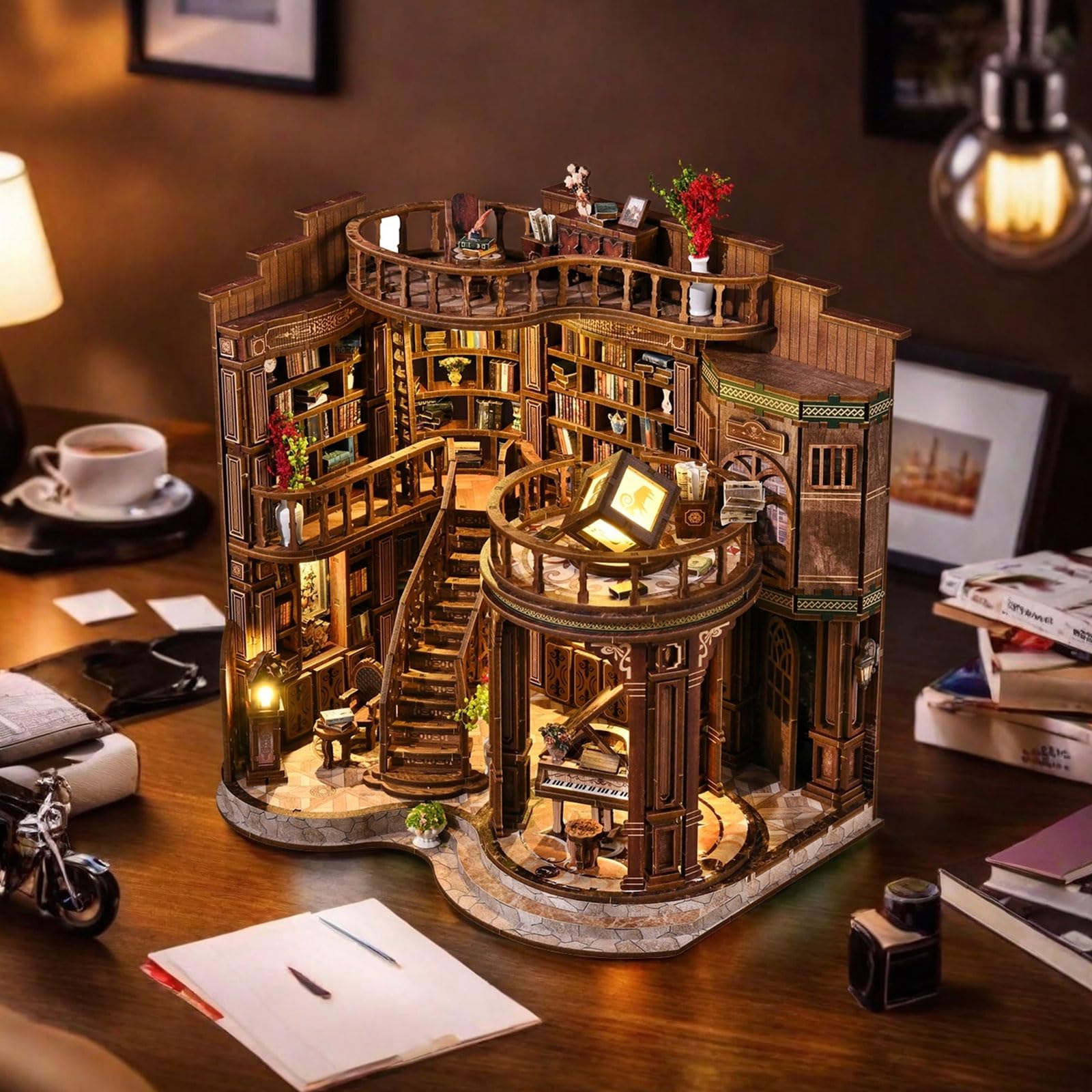 Book Nook Kit-Sala de Libros de ensueño-3D Wooden Puzzle Book Nook Craft Bookshelf Decor,Kits de Manualidades para Adultos, Regalo con luz LED, Set de Bricolaje para Adultos